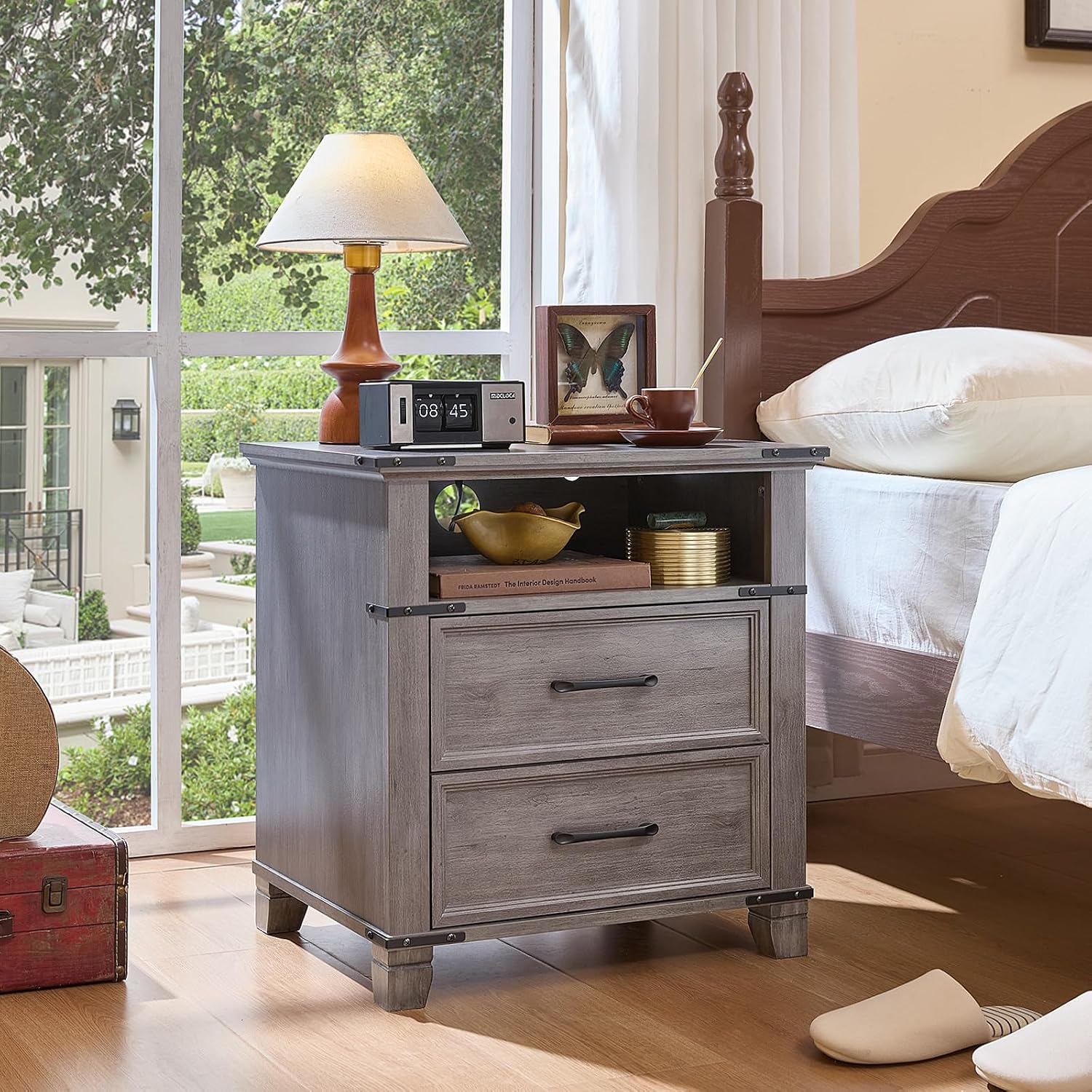 22" Farmhouse Nightstand with Charging Station, End Table with 2 Drawers,Rustic Wood Dresser for Bedroom,Bed Side Table Chest of Drawers Cabinet,Night Stand for Living Room,Grey