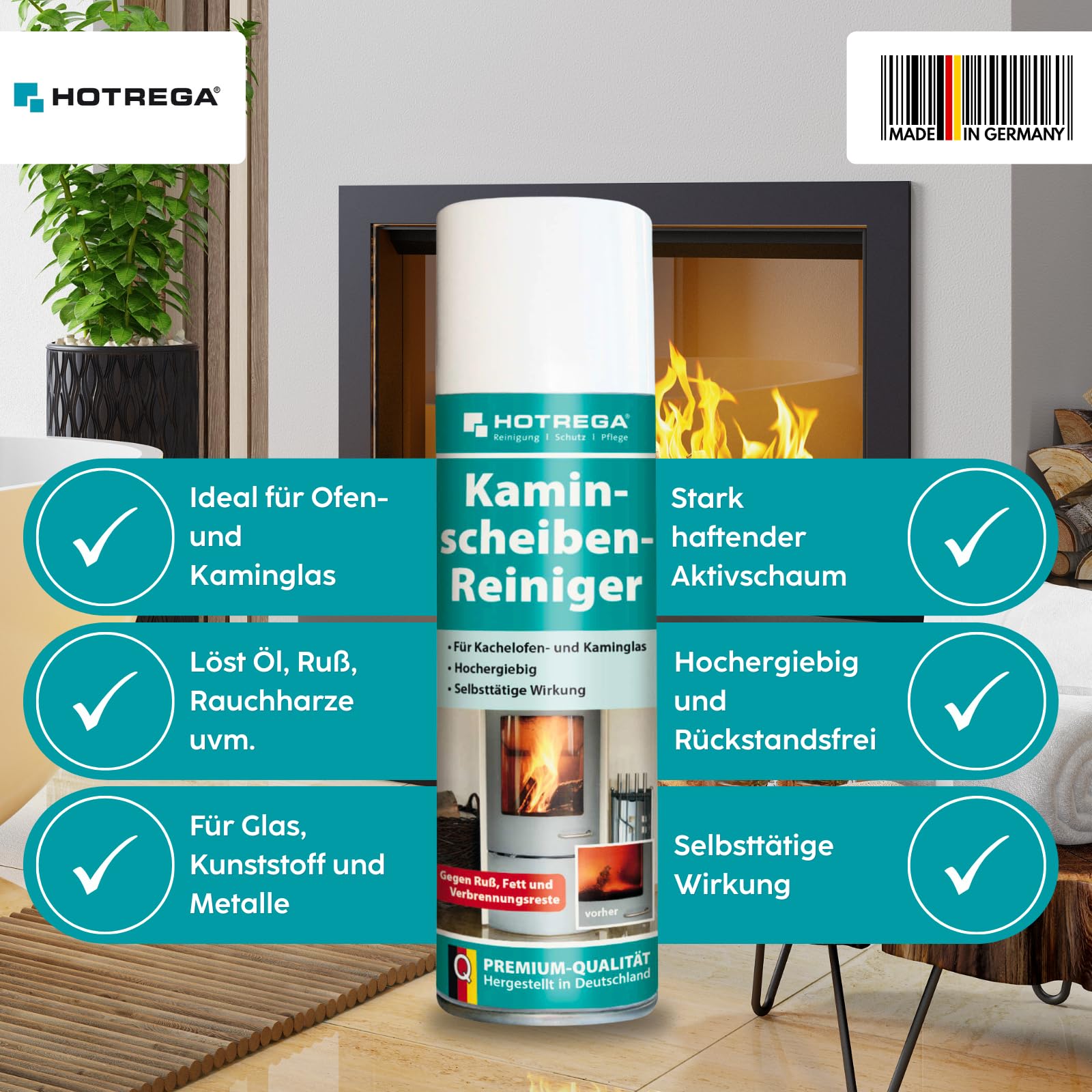 HOTREGA Limpiador de discos de chimenea, espuma activa de alto rendimiento para cristales, plásticos, metales, eliminación eficaz de hollín, grasa y aceite (5 x 300 ml)