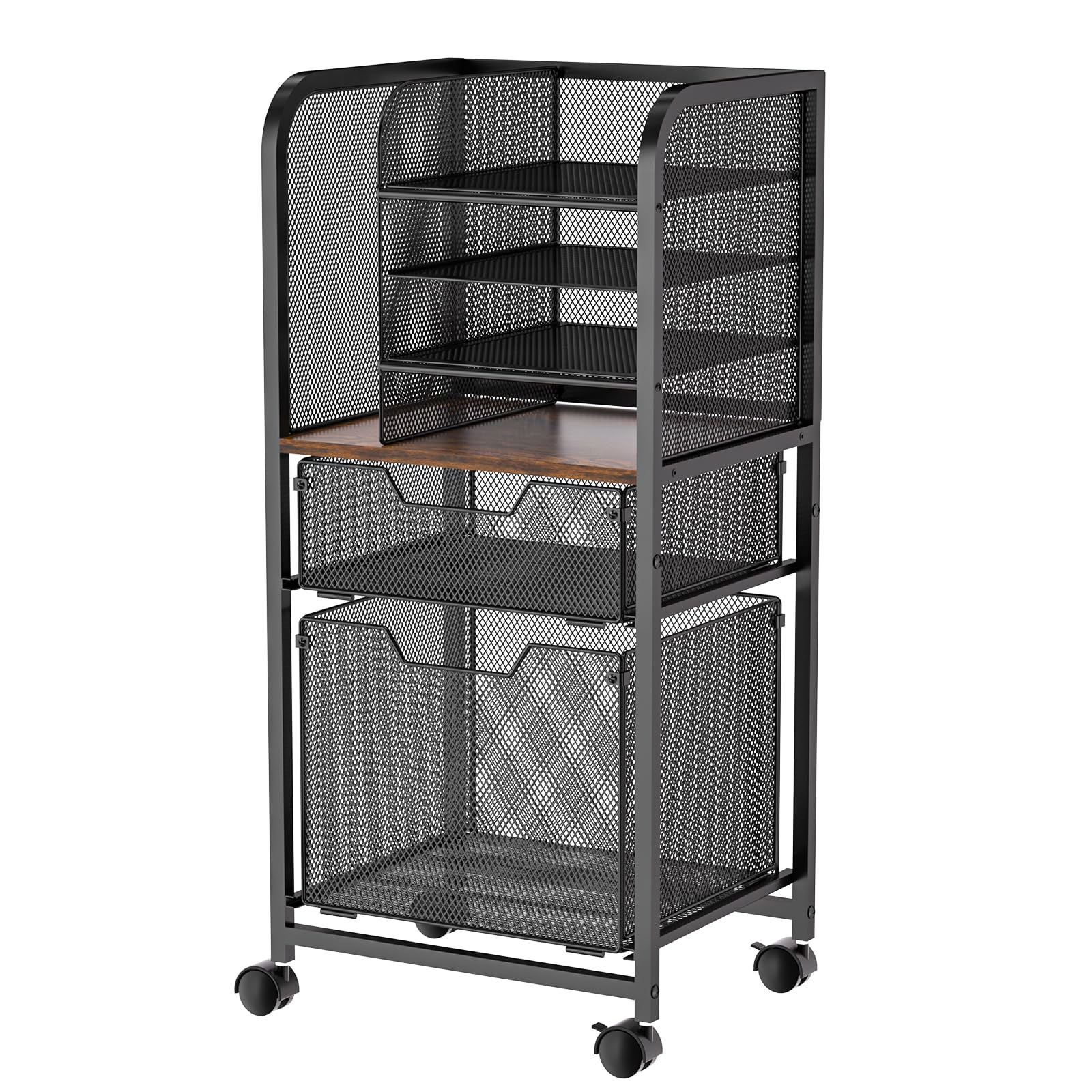 Carrello portadocumenti a 6 ripiani con 2 cassetti, organizer per cartelle sospese, archiviazione file formato lettera con ruote, armadietto mobile multistrato per ufficio e casa