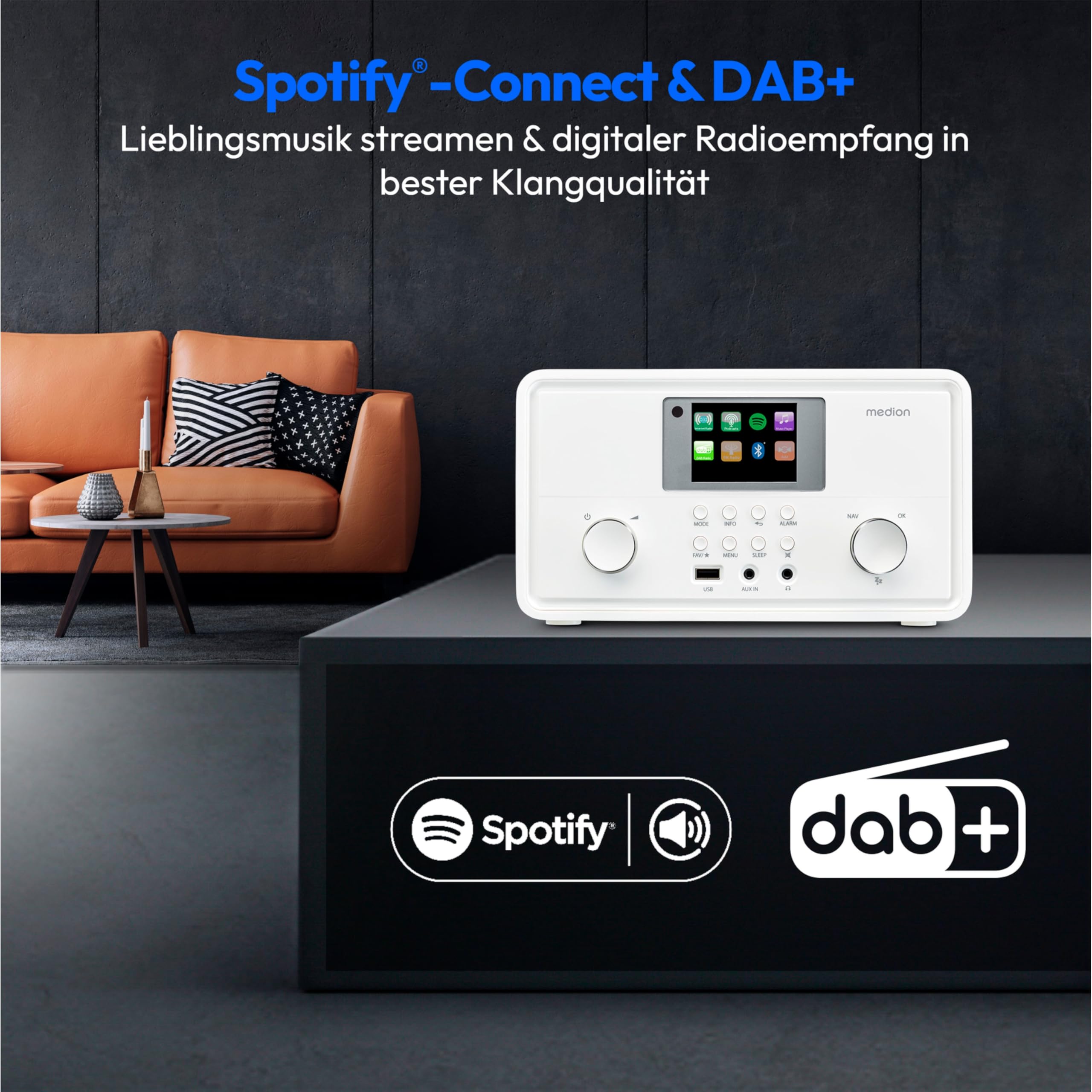 MEDION P85027 Internetradio (DAB Plus, UKW Radio, Spotify Connect, WLAN, Bluetooth, Streaming, Equalizer, Farbdisplay, USB, AUX, Wecker, Schlummerfunktion, Sleep Timer) weiß