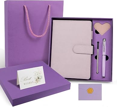 A5 Leather Journal for Women Men, Hardcover Notebook Set with Pen, purple