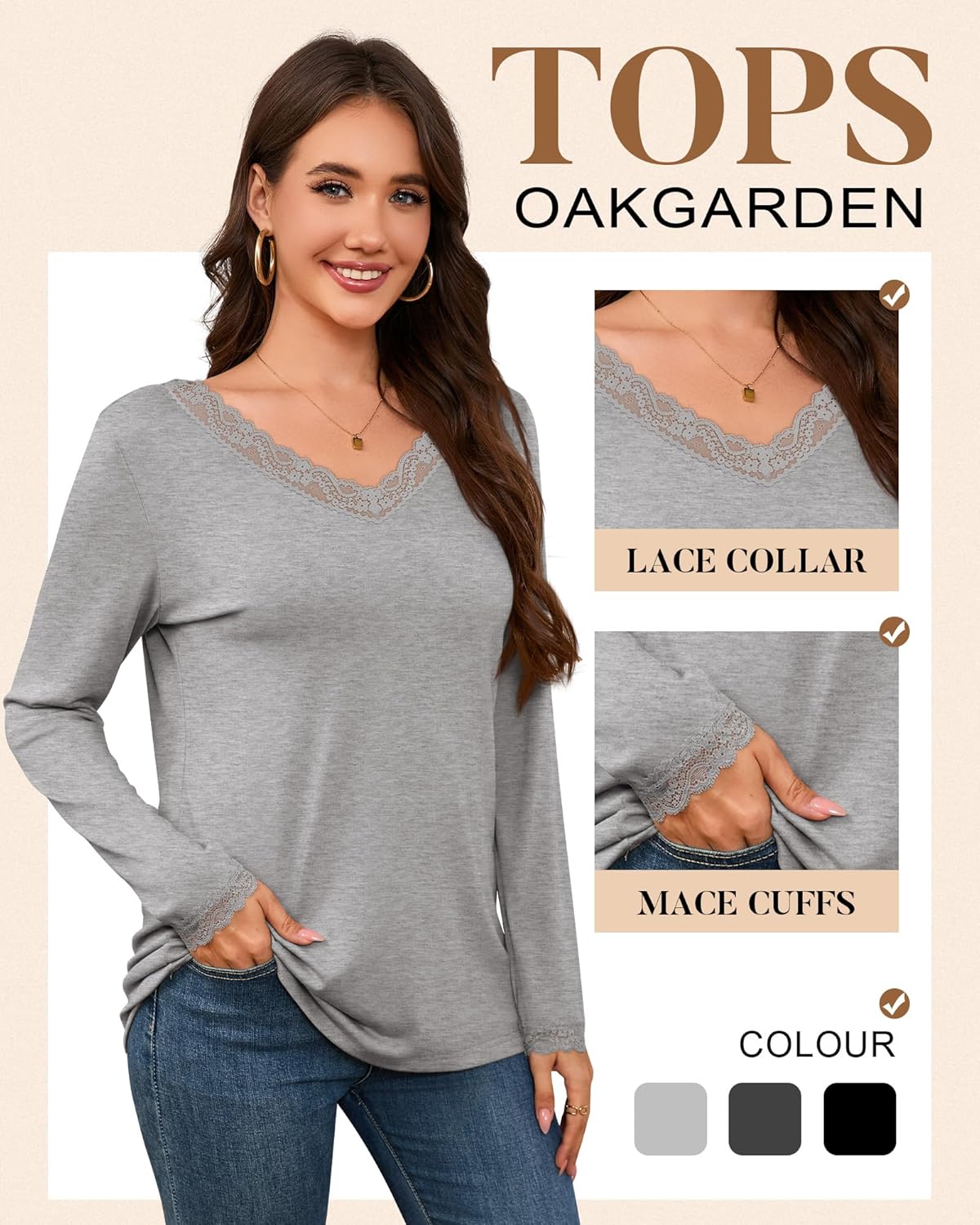 3 Pack Long Sleeve Shirts for Women V Neck Lace Trim Loose Dressy Business Casual Top Blouse Fall Trendy Basic Tee - Image 3
