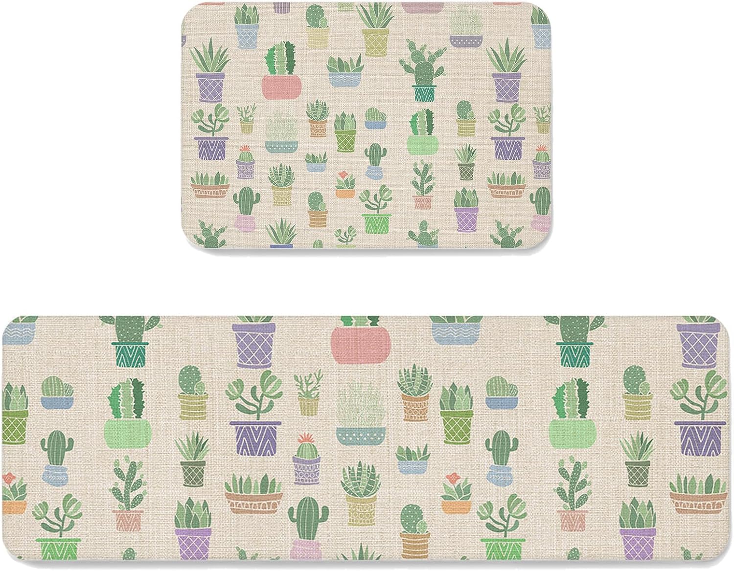 Prime Leader Summer Cactus Kitchen Mat Set 2 Pieces Succulents Green Plants Linen Style Non Slip Kitchen Rugs Washable Runner Rug Mats for Sink Laundry (23.6" x 35.4"+23.6" x 70.9")