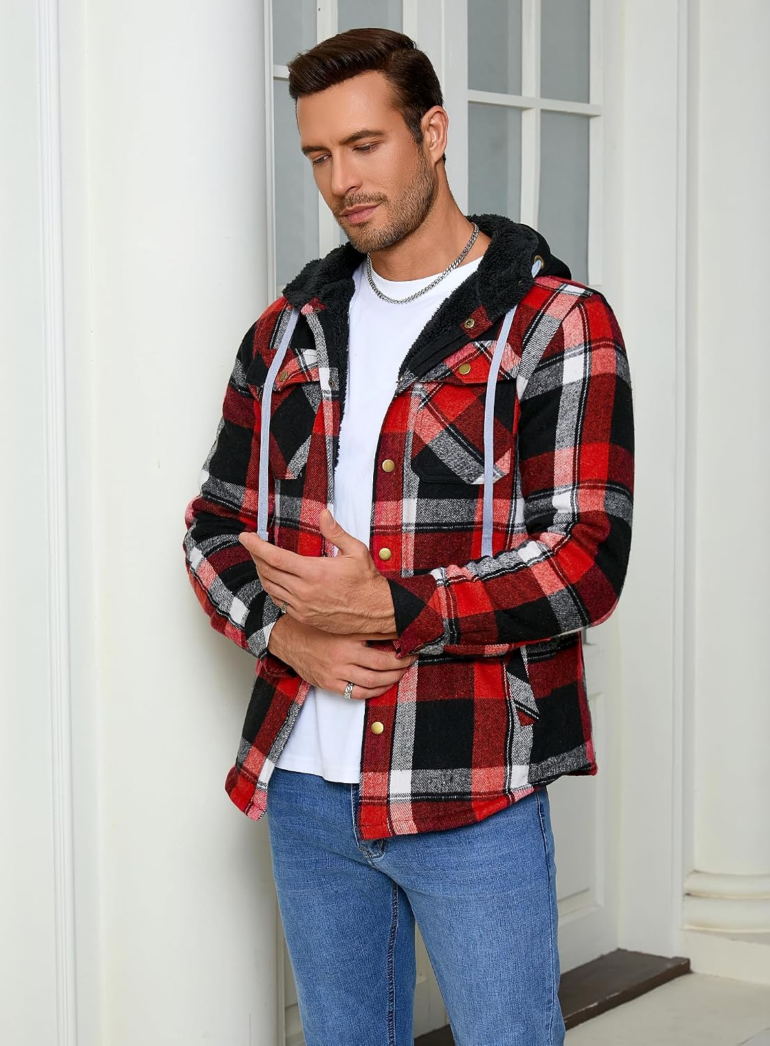 Shawnda Mens Hooded Sherpa Button Down Flannel Shirt Jacket | Warm plaid flannel jacket with full sherpa lining. Drawstring hood, snap front, multi pockets for cold weather daily wear.