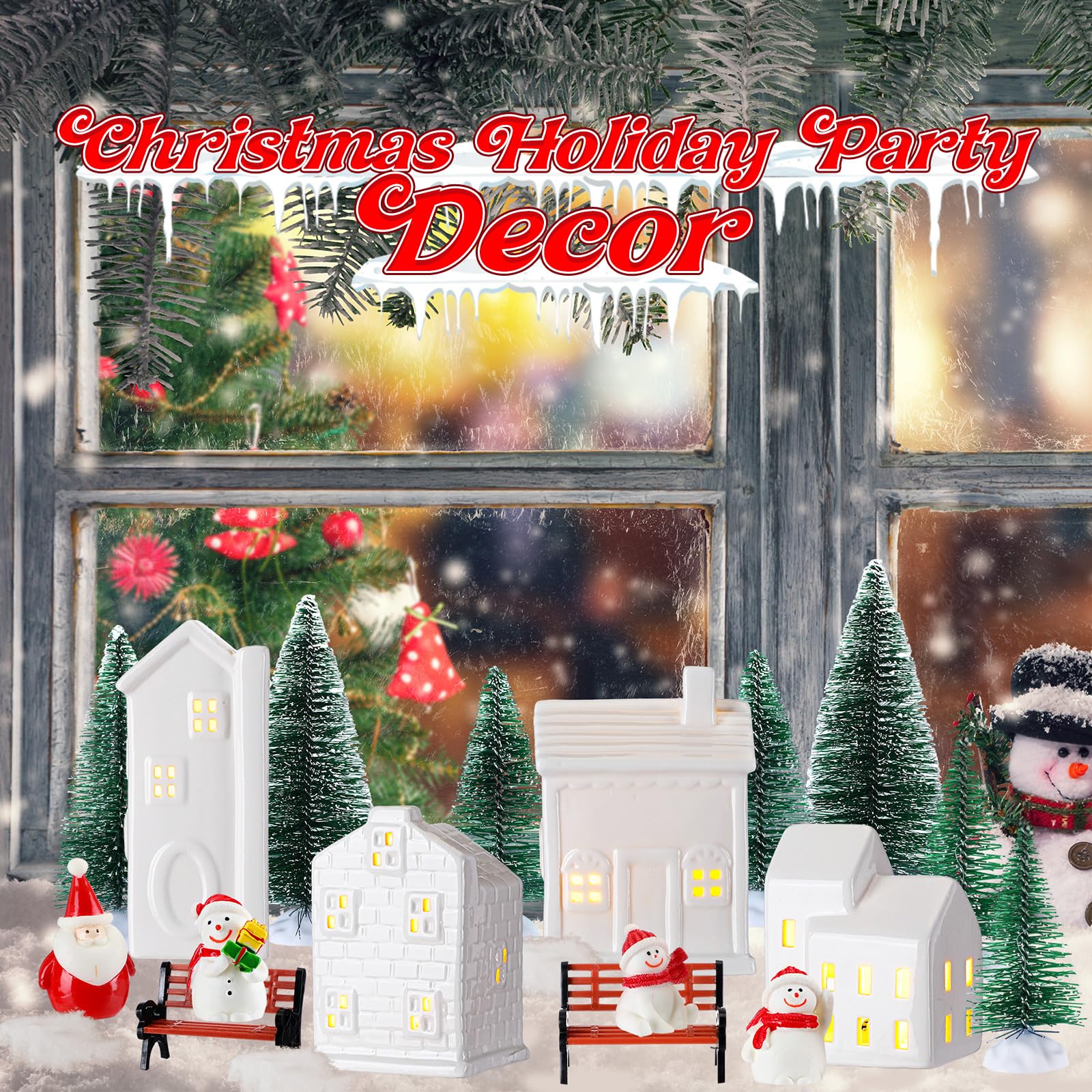 Soaoo Lot de 29 accessoires de village miniatures de Noël, lumières LED, en porcelaine, décoration de table, mini figurines de Noël assorties en pin, sapins de Noël, bonhommes de neige, Père Noël,