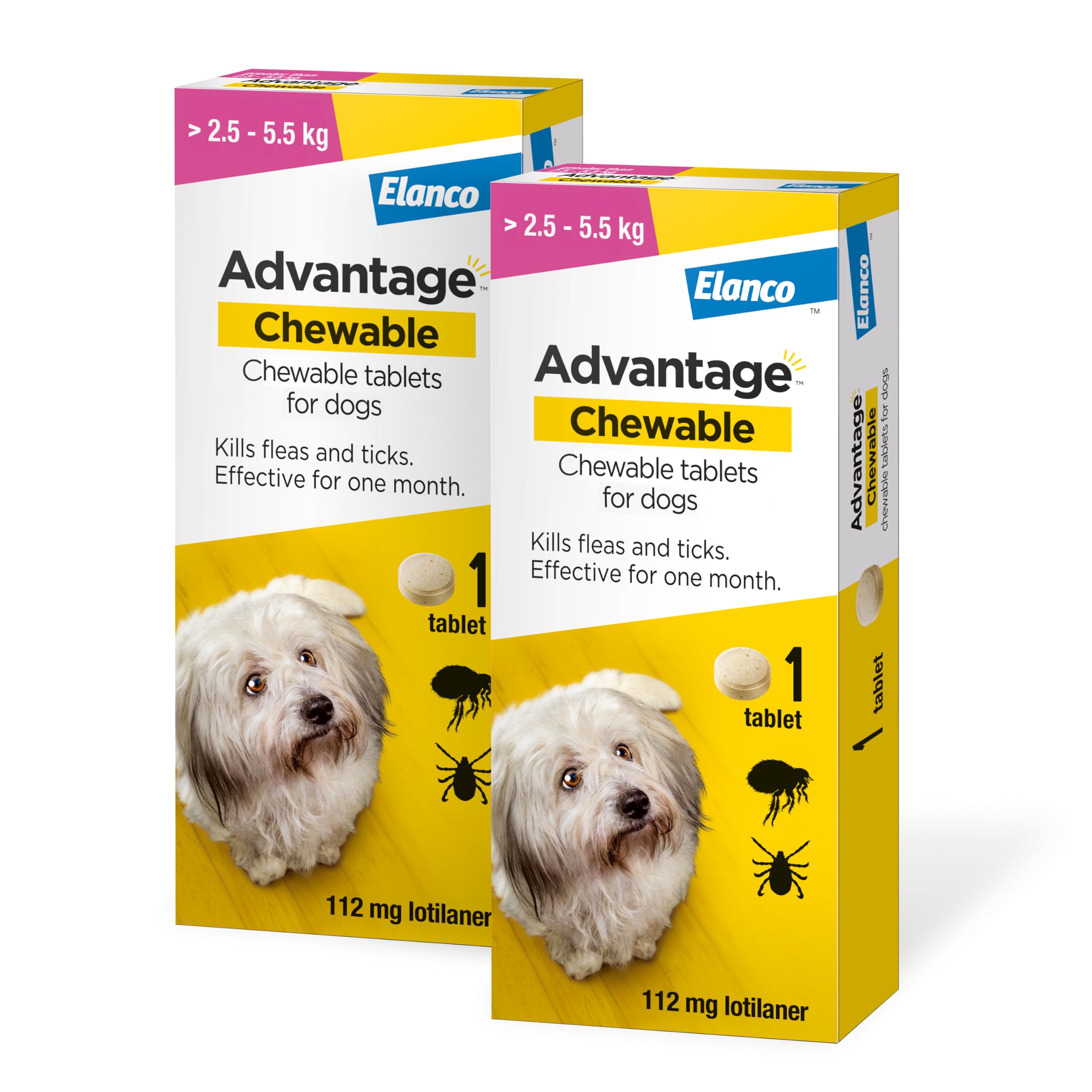 Advantage Chewable 112mg Chewable Tablets for Dogs >2.5-5.5kg (2 pack), Flea and Tick Treatment, Fast Acting Kills Fleas Within Hours, Prevention Lasts For A Month, Easy To Administer