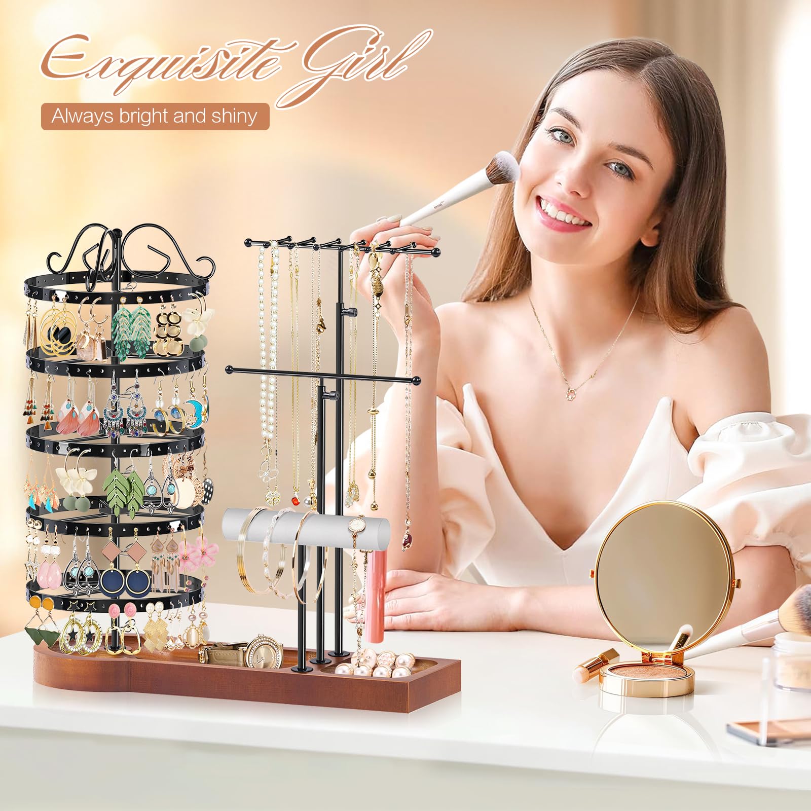 KALYLOC Schmuck-Organizer-Ständer, Schmuckständer mit drehbarem Metallrahmen, multifunktional, für Ohrringe, Halsketten, Armbänder, Ringe, Uhren für Schmuck, Präsentationsständer (schwarz)