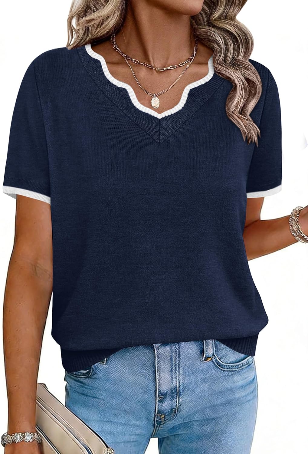 OFEEFAN Short Sleeve Sweater for Women V Neck Lightweight Sweaters Fashion Clothing Business Casual Outfits