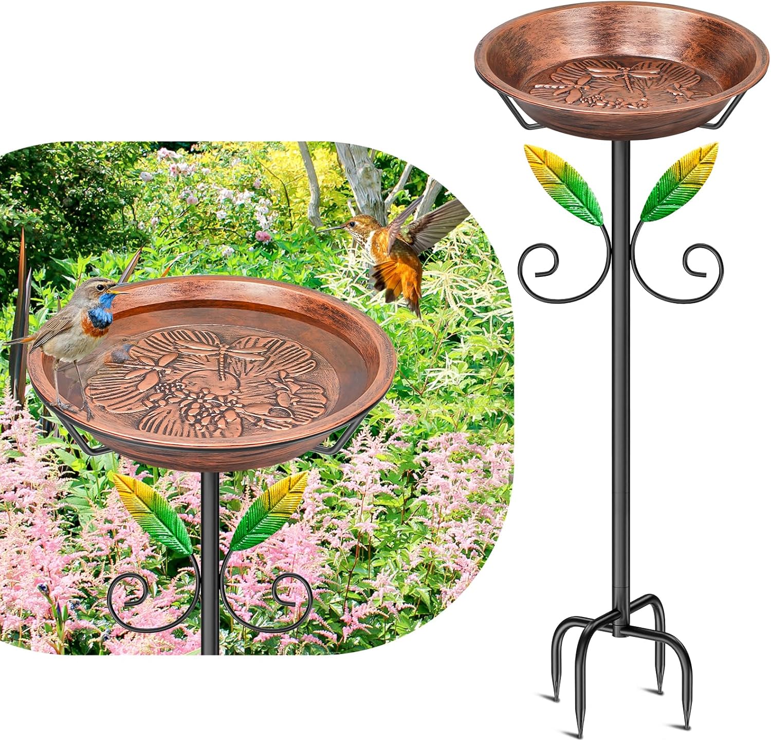 Metal Bird Bath for Outside Feeder Bowl, Detachable Birdbath & Birdfeeder with Base Stake, Vintage Birds Baths for Outdoors Garden Yard Lawn Decor (Black+Windmill)