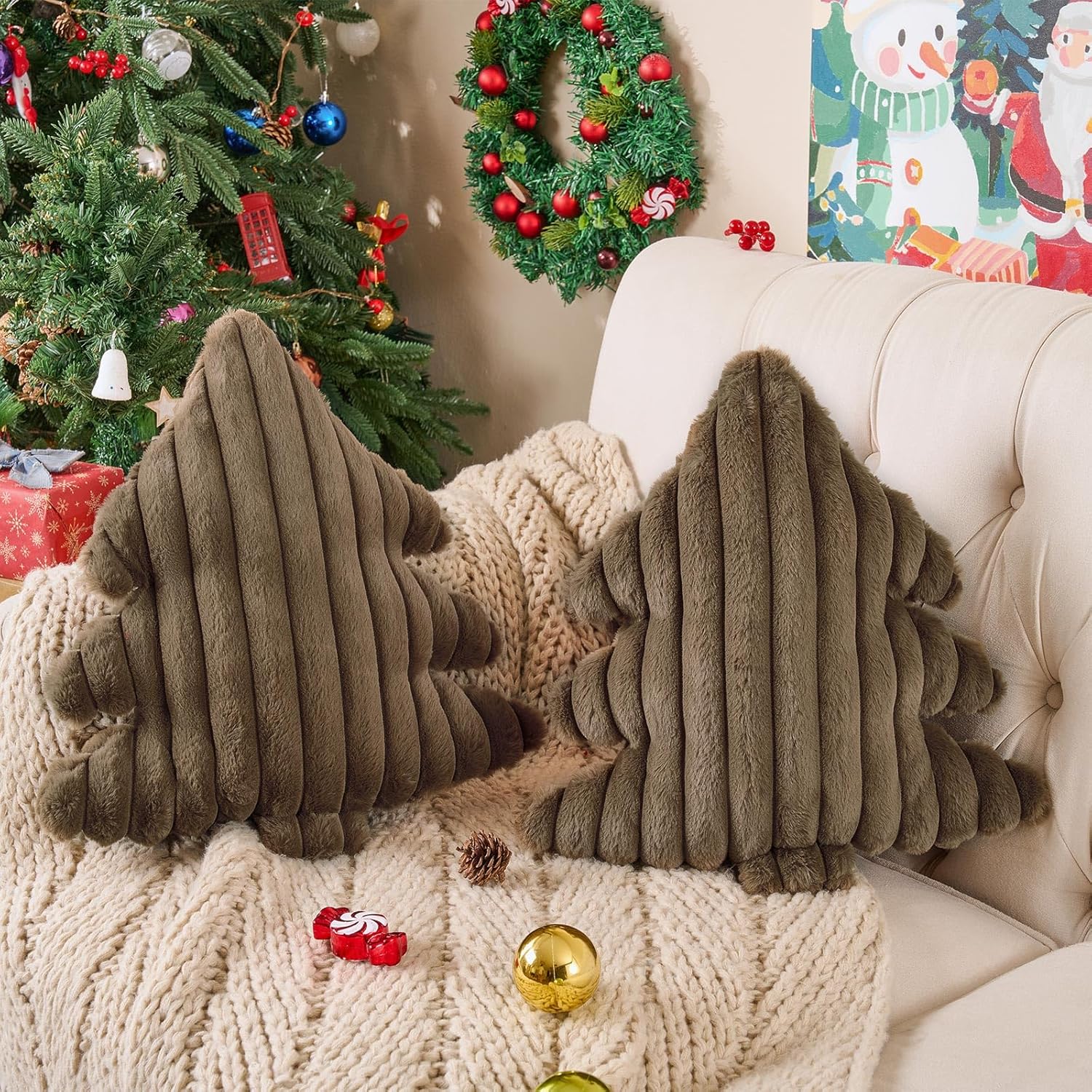 Lanpn Christmas Tree Pillows Set of 2, Christmas Decoration Wide Stripes Winter Throw Pillows Soft Cute 3D Shaped Xmas Tree Throw Cushion for Sofa Bedroom Xmas Decor (18x16 inch, Brown)