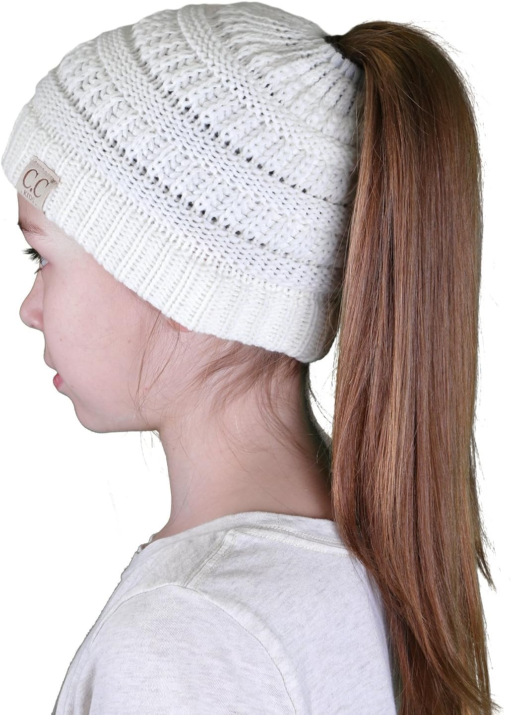 Funky Junque Matching 2 Pack Kids Messy Bun Ponytail Knit Hat & Lined Mittens - Ivory