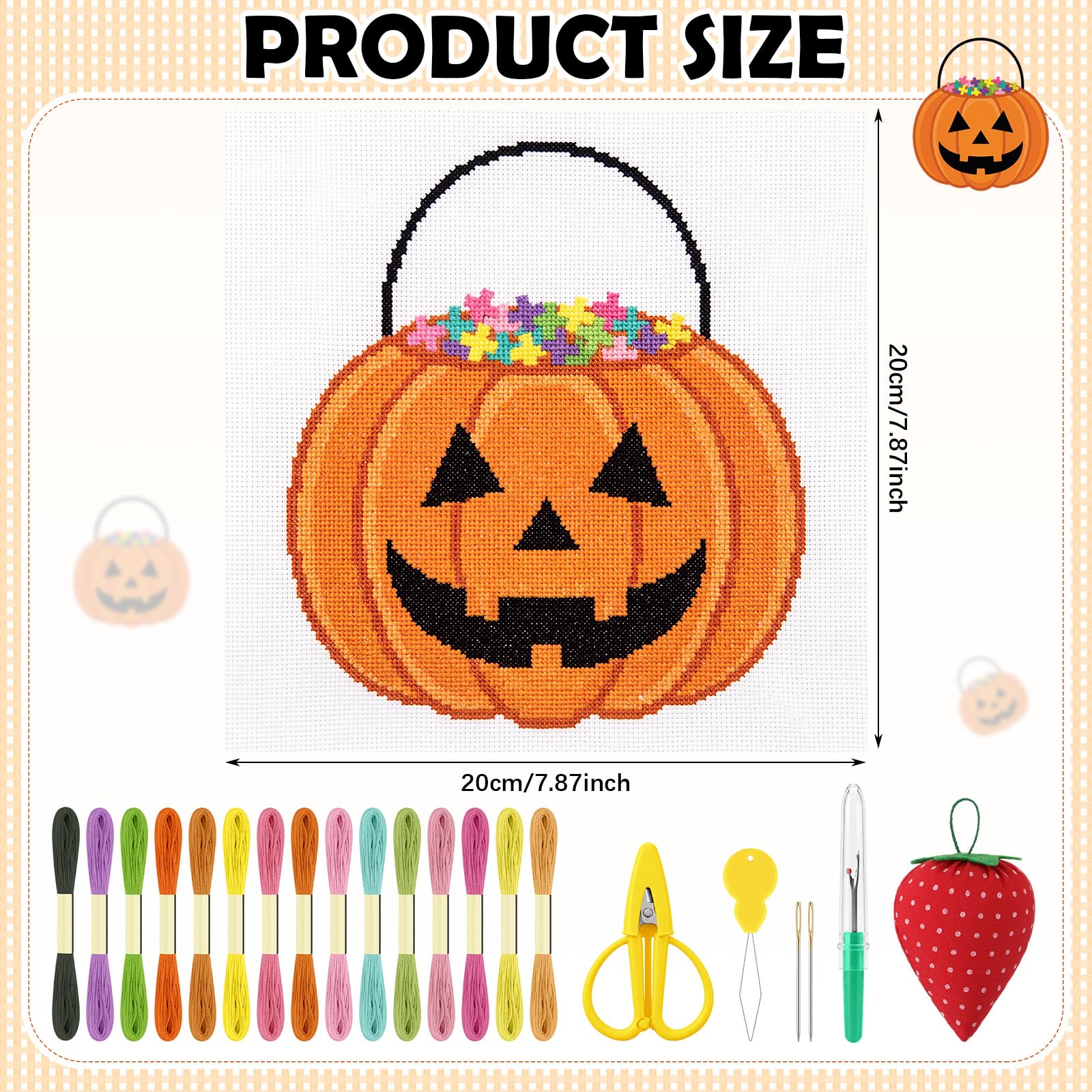 XunYee Juego de 30 cubos de calabaza de Halloween de 18 mallas de punto de aguja de lona pintado a mano para principiantes, adultos, 2 telas con patrón de Halloween de 7.8 pulgadas, enhebrador de