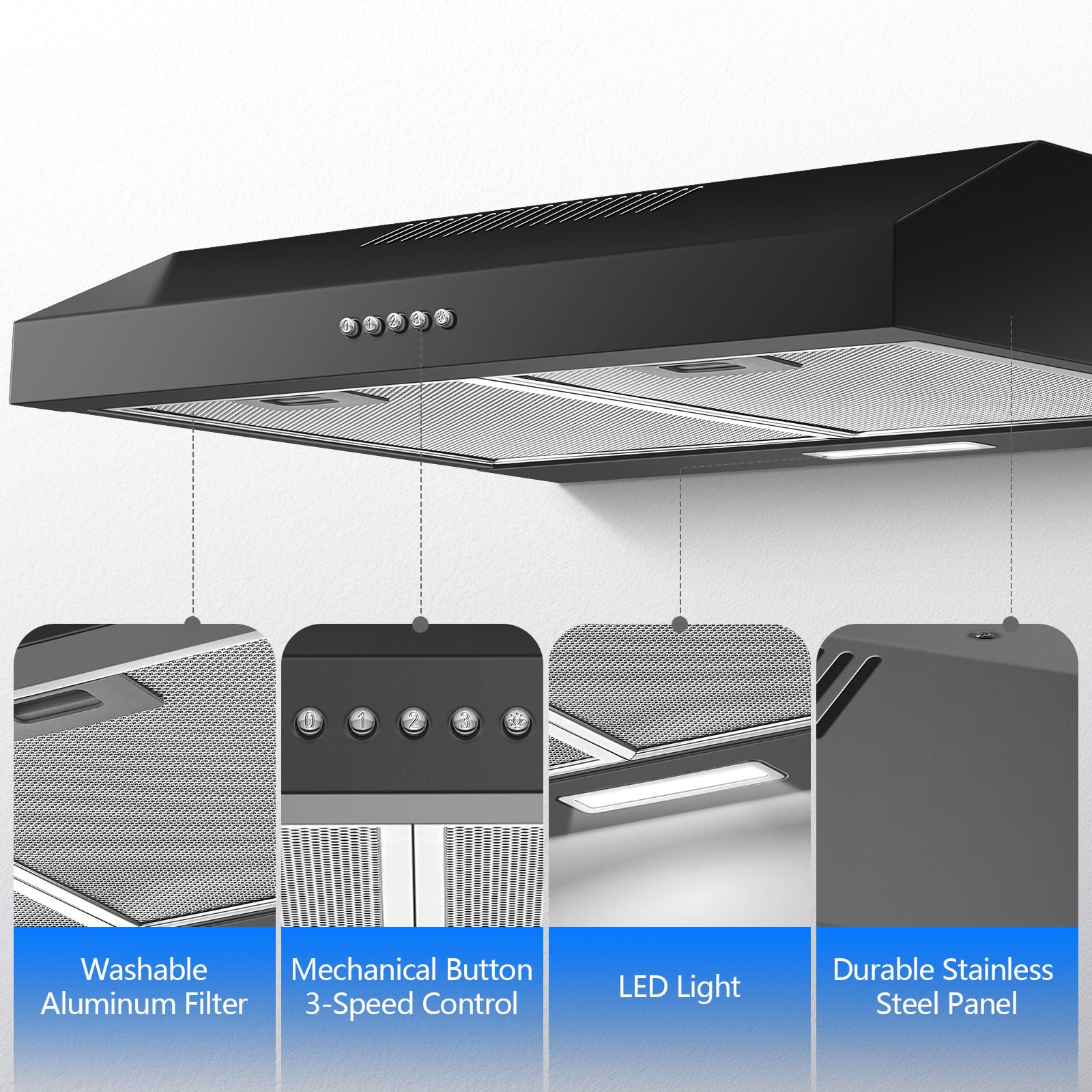 TopStrong Cappa Aspirante 60 cm Sottopensile, 250 m³/h Cappa Cucina Slim, 3 Velocità, Classe Energetica A+, LED, Ricircolo e Scarico, Nero