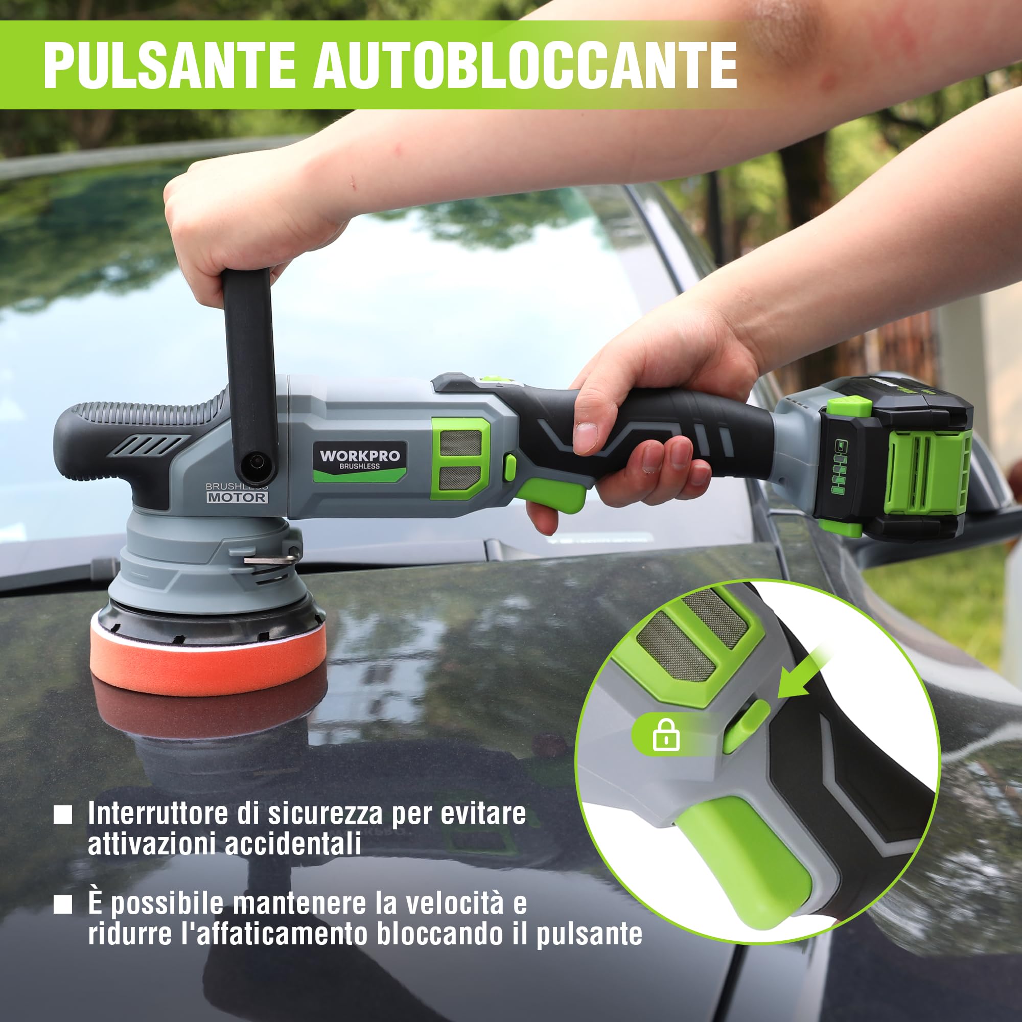 WORKPRO Lucidatrice per Auto 20V, Lucidatrice Orbitale a Doppia Azione, 7 Velocità (2000-5000 Giri/Min), Impugnatura a D Rimovibile, con Borsa, per Lucidare Auto, Pavimenti, Piastrelle, Mobili