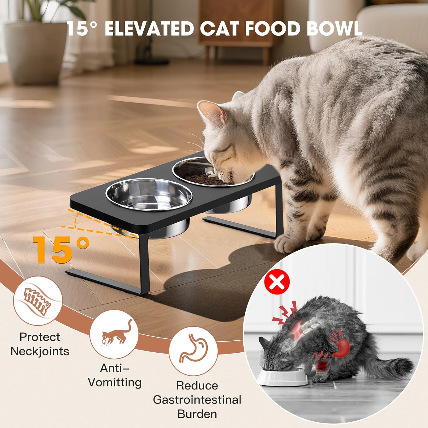elevated cat bowls, 15° tilted raised cat food bowls anti vomiting raised dishes for food and water, stainless steel material for cats and puppy 2bowls black color