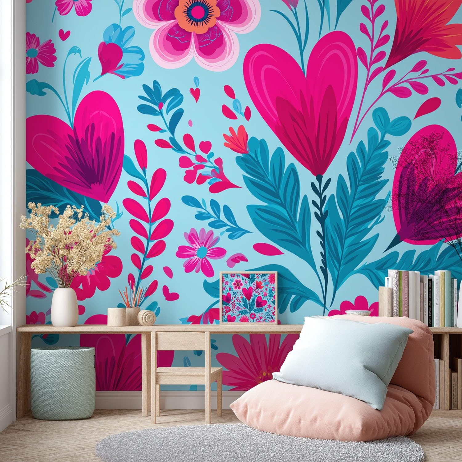 Tapeta 3D botaniczna, geometryczna, romantyczna 274 x 254 cm, fototapeta, elegancka, w kształcie serca, kwiatowa, świeża tapeta mural do sypialni, przedszkola, malowniczego ogrodu