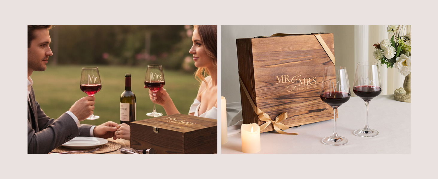 AW BRIDAL Mr and Mrs Wine Glasses Wedding Gifts for Couples 2026, Engagement Gift for Newly Engaged Couple, Bridal Shower and Bachelorette Gifts for Bride, Wine Opener Stopper and Wooden Keepsake Box