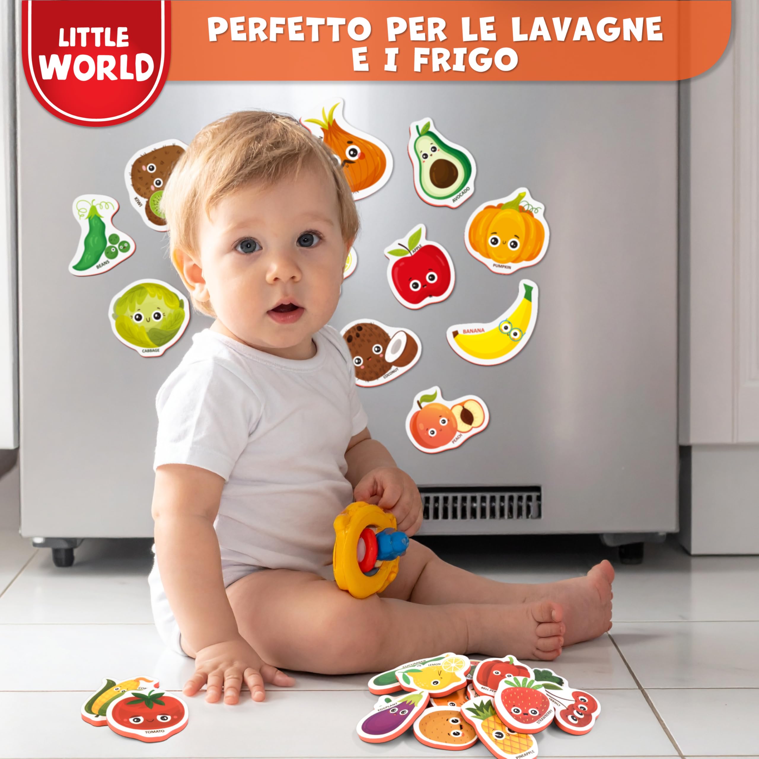 Little World 25 magneti da frigo per bambini da 1 a 3 anni, sicuri, durevoli, impermeabili, in schiuma, con scatola regalo colorata, magneti atossici per frutta e verdura, per bambini e neonati
