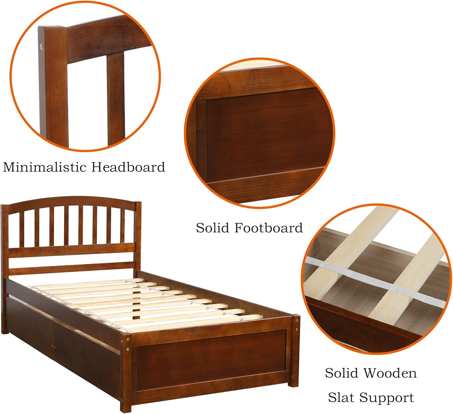 Merax Twin Size Platform Bed Solid Wood Storage Bed Frame with Two Drawers and Headboard, Walnut