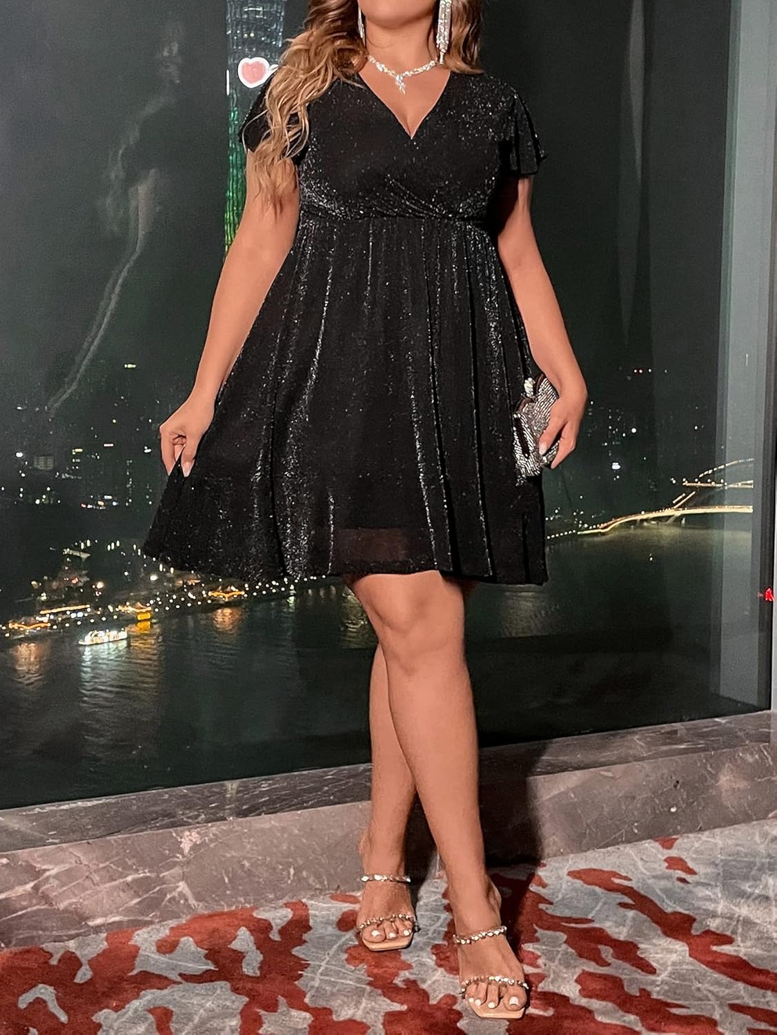 Floerns Women's Plus Size Glitter Wrap V Neck Short Sleeve Party A Line Dress - Image 6