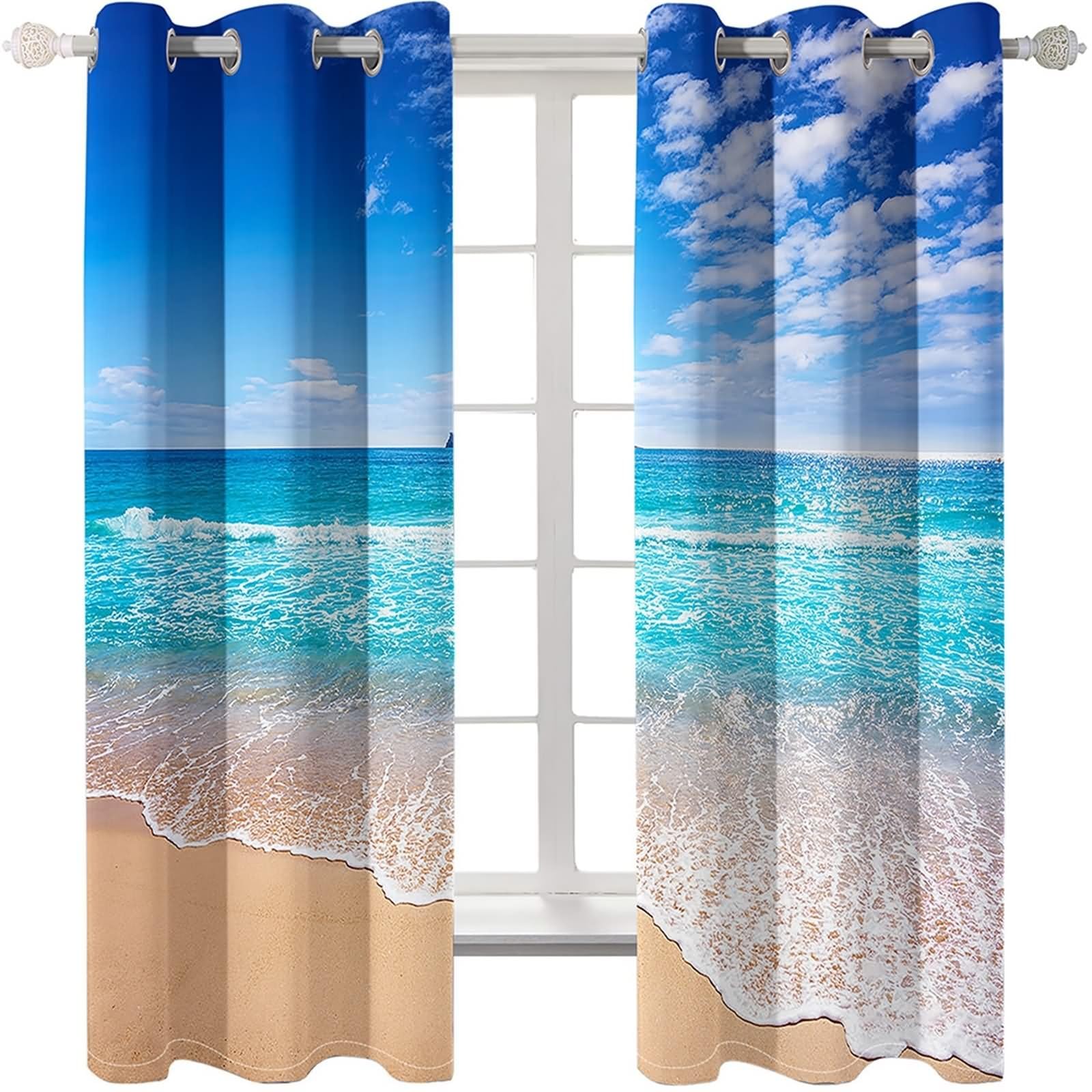 Rideau Boheme, Rideaux de Cuisine Moderne Bleu Beige Paysage de Plage avec Vagues de La Mer Polyester 2 Panneaux 488x229cm