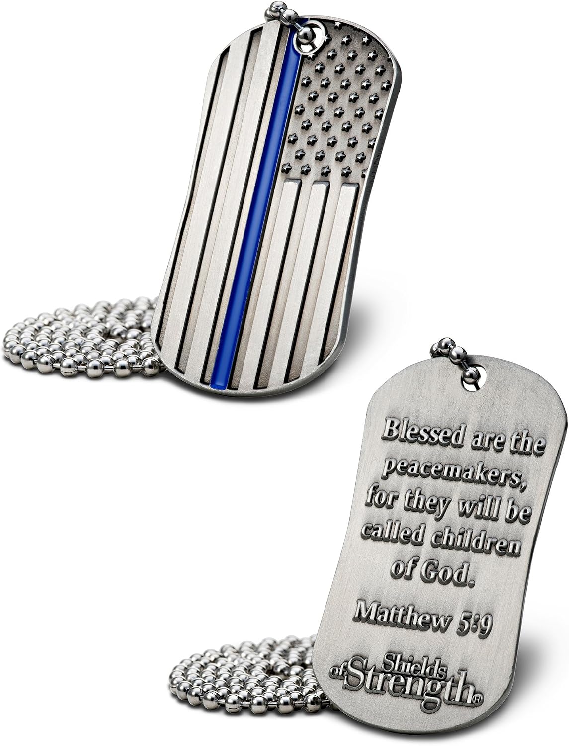 Shields of Strength Thin Blue Line Dog Tag Pendant Necklace Matthew 5:9 Bible Verse - Christian Gifts - Law Enforcement Officers Stainless Steel Chain