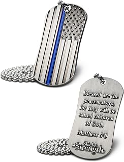 Shields of Strength Thin Blue Line Dog Tag Pendant Necklace Matthew 5:9 Bible Verse - Christian Gifts - Law Enforcement Officers Stainless Steel Chain
