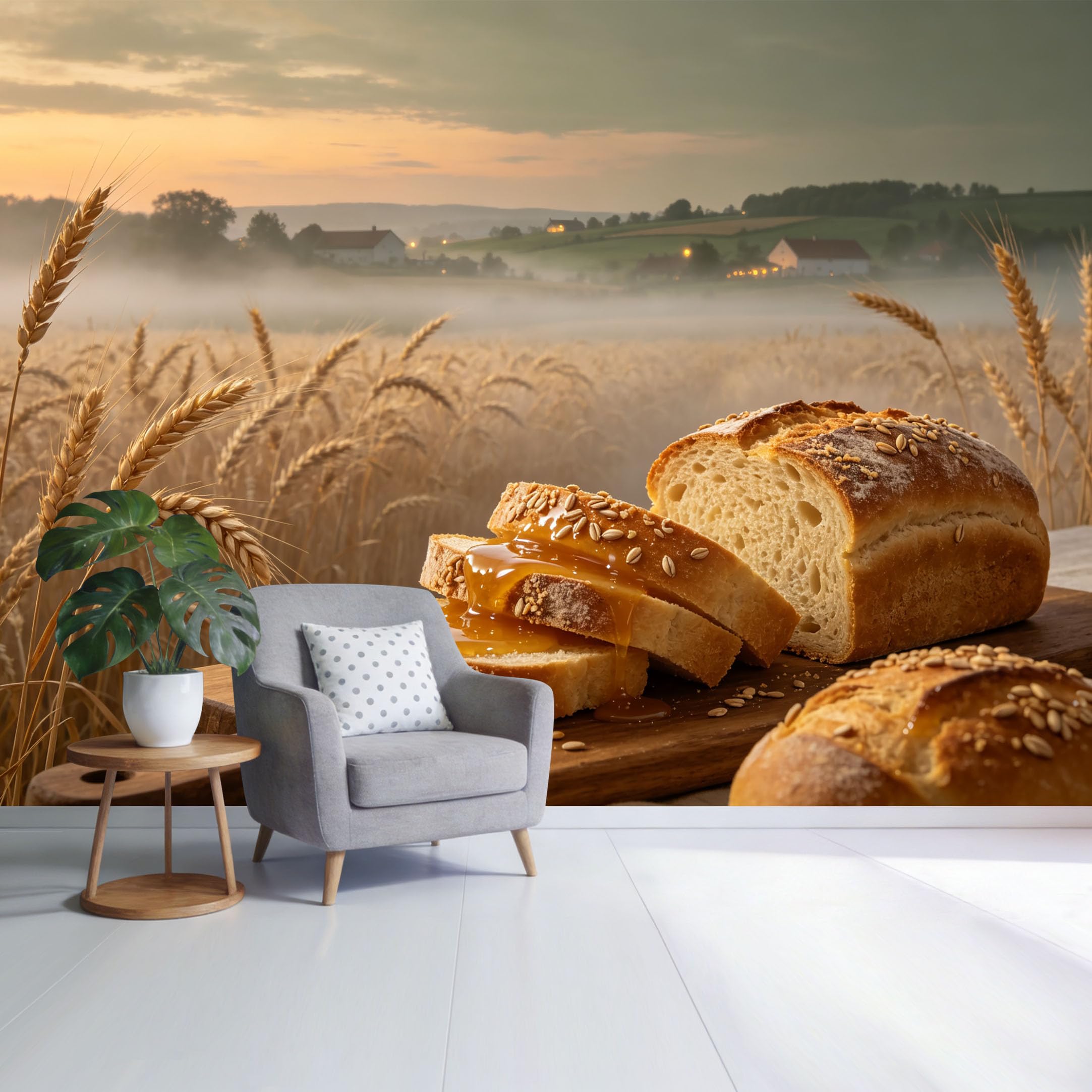 Custom Size Wall Mural Golden Wheat Field Sunrise with Fresh Bread Loaf Landscape Rustic Farmhouse Style SelfAdhesive Wall Fabric Removable Wallpaper for Home Office Decor