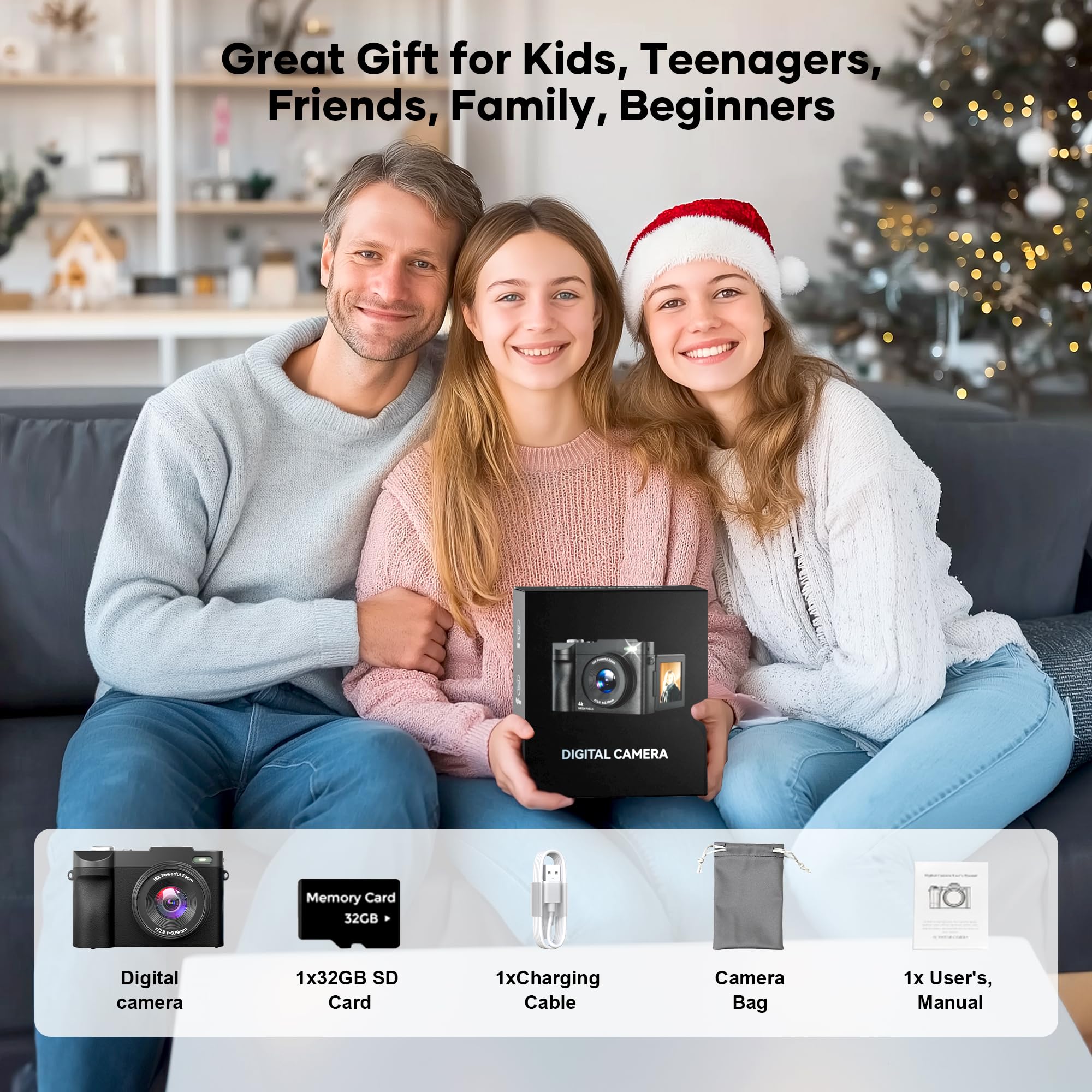 Fotocamera digitale 4K per la fotografia con messa a fuoco automatica, fotocamera da 50 MP con autofocus Vlogging da 2,8 pollici, 180 °, zoom 16x, fotocamere compatte con 64 GB, scheda SD e 2 batterie