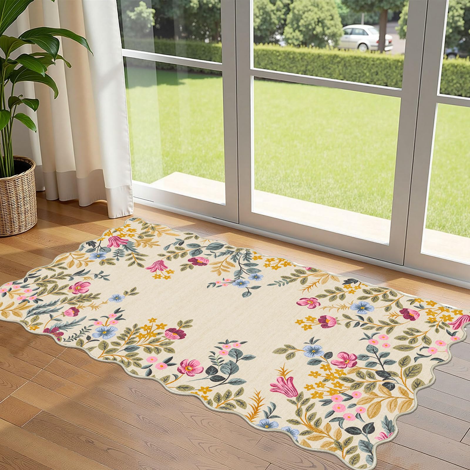 Othilic Front Door Mat Indoor Entrance - 2x4.3 Beige Colorful Floral Washable Layered Doormat Outdoor Entrance Porch Rug Non-Slip Boho Runner Rug for Kitchen Hallway Bedroom Laundry Room Porch Decor