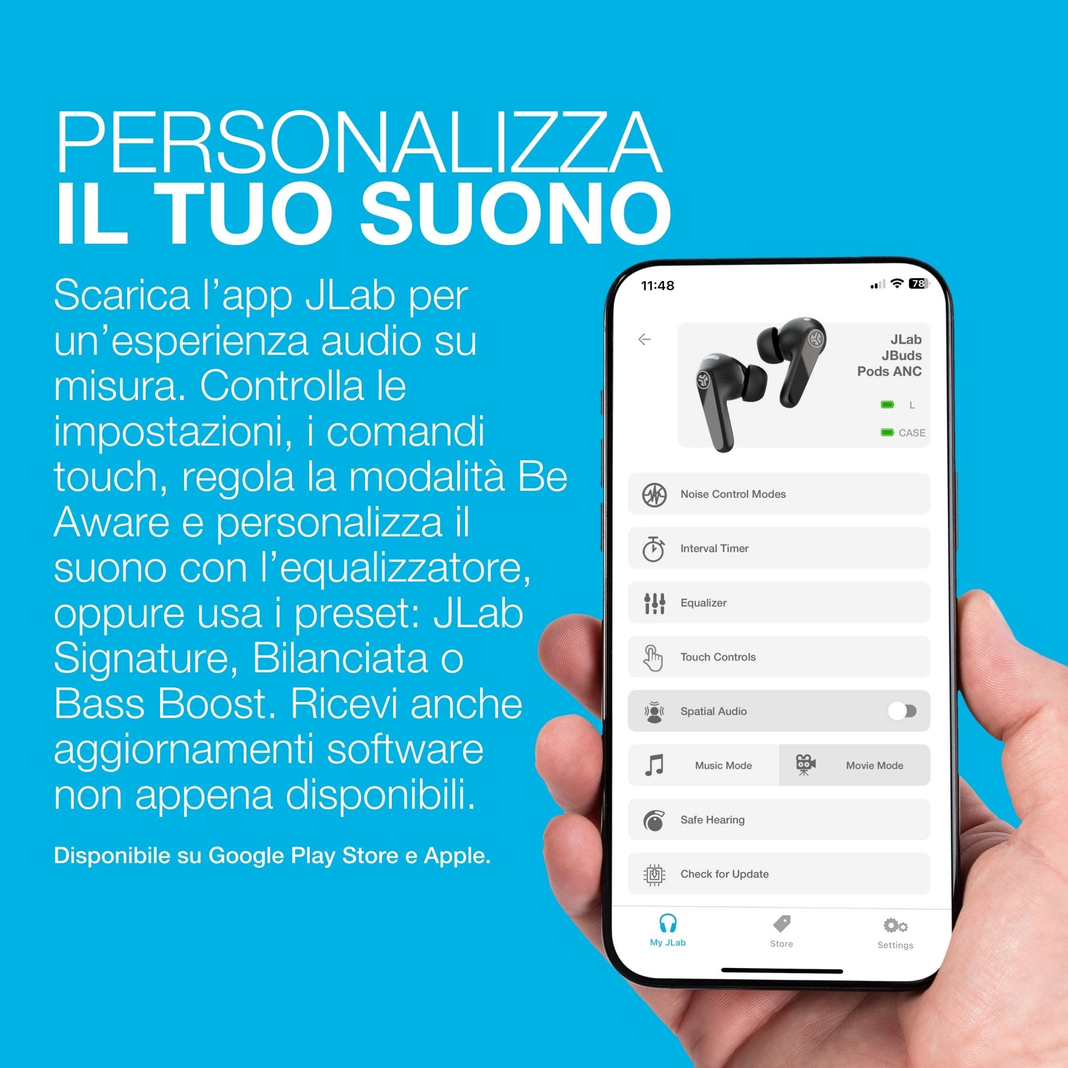 JLab JBuds Pods ANC Cuffie Wireless Bluetooth - Auricolari Bluetooth con Cancellazione Rumore, 56+ Ore Autonomia, True Wireless, IP55 Resistenti Sudore, Audio Personalizzabile, Controllo App, Nero