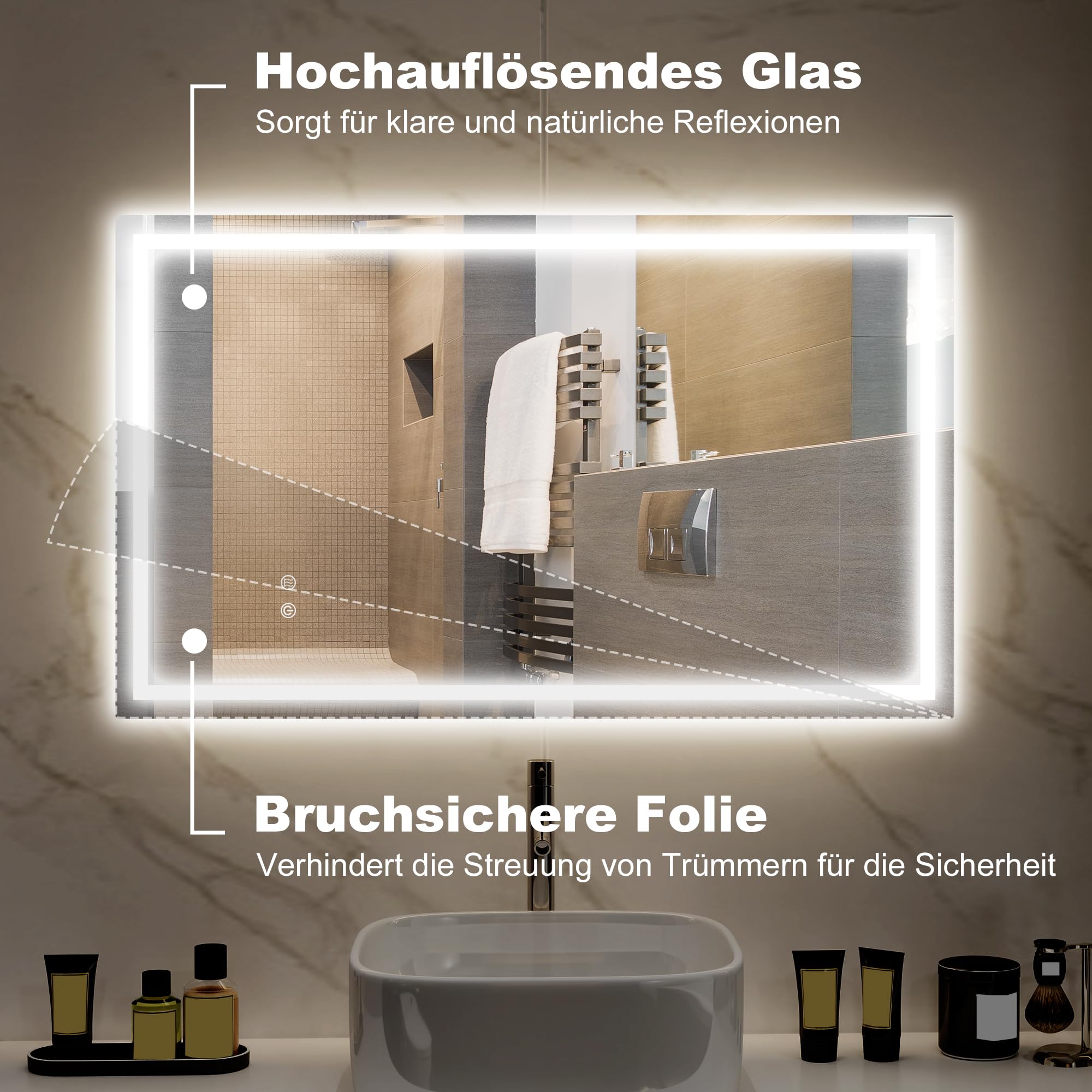 HOMCOM Badspiegel mit Beleuchtung 100x60 cm LED Spiegel mit Vor- und Hinter Beleuchtung Wandspiegel mit Touchschalter Lichtspiegel Beschlagfrei mit 3 Lichtfarben Silber