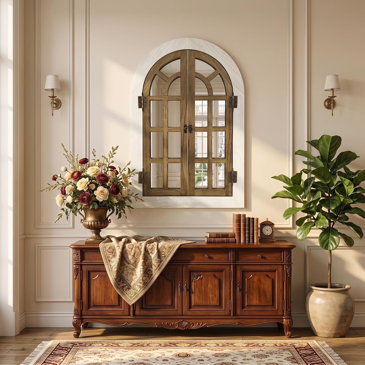 Dorlicecass Natural Wood Arched Wall Decor Window Mirror 24"x36" Single image 3