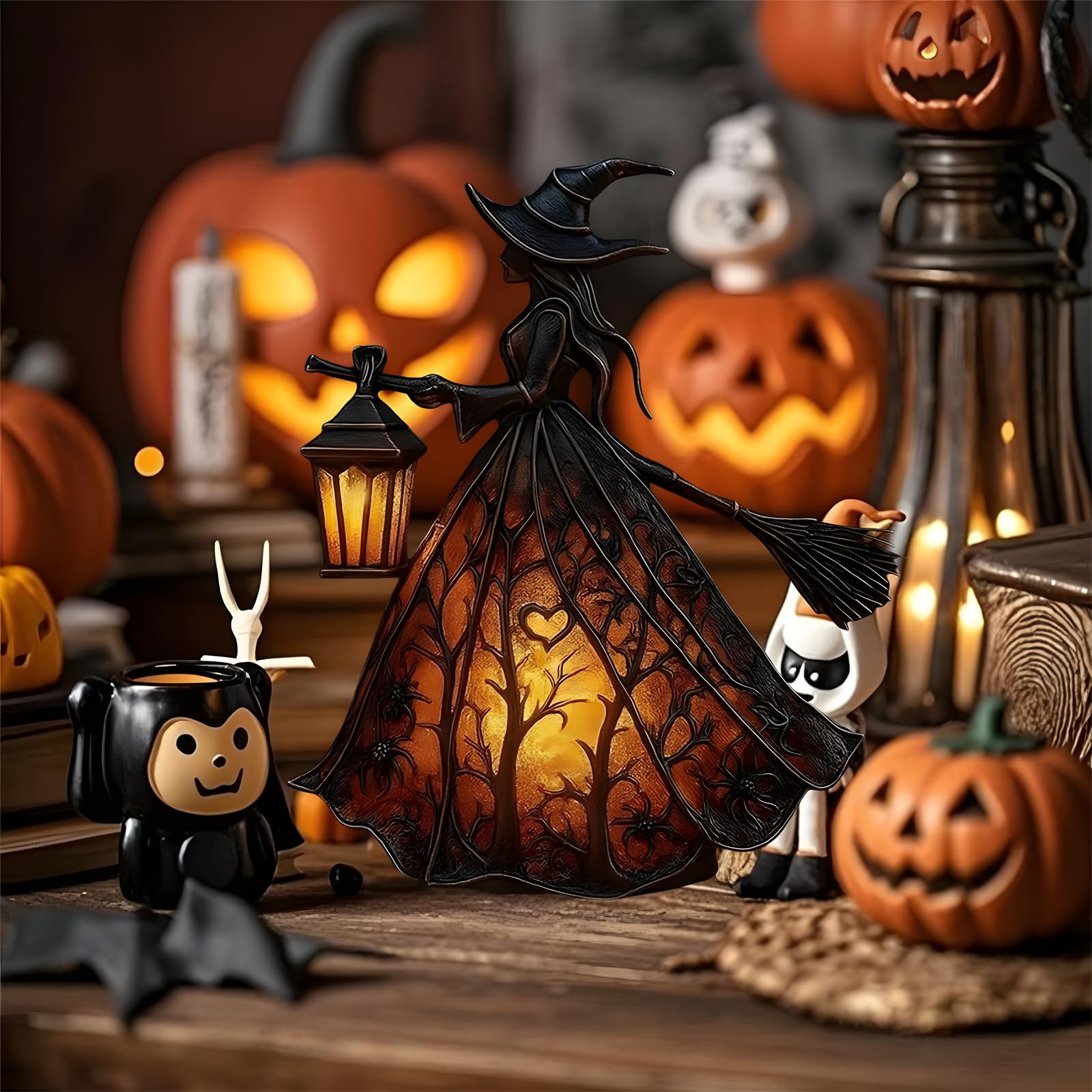 Lámpara de bruja de Halloween, decoración gótica de bruja espeluznante con linterna de sujeción, figura de decoración de lámpara de mesa, luz nocturna de bruja de pie para el hogar, porche, mesa