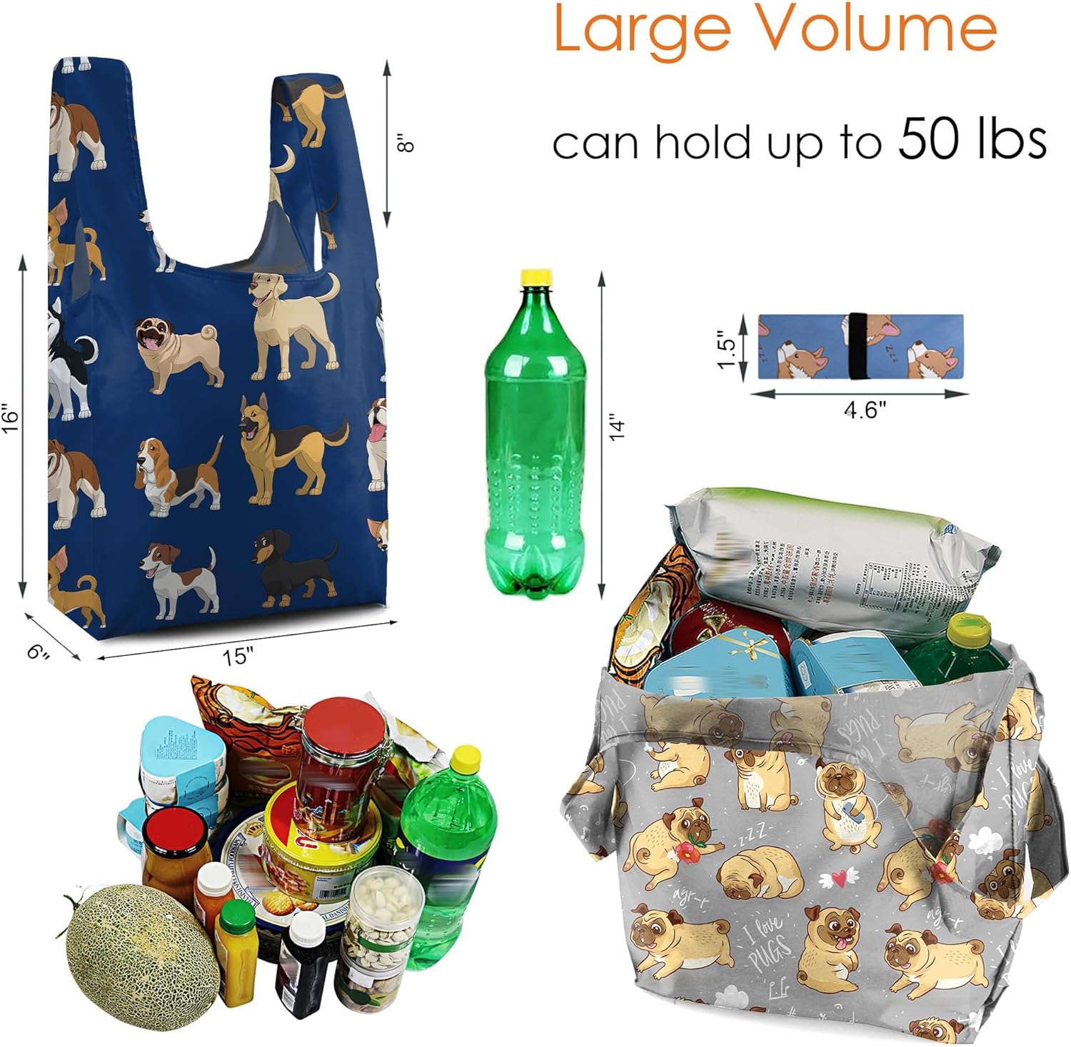 BeeGreen Animal Reusable Grocery Tote Bags 12 Pack, Heavy Duty Large Capacity Reusable Shopping Bags, Sturdy Machine Washable Foldable Bag for Travel Beach Storage Holiday Gift Bag with Handles - Image 3