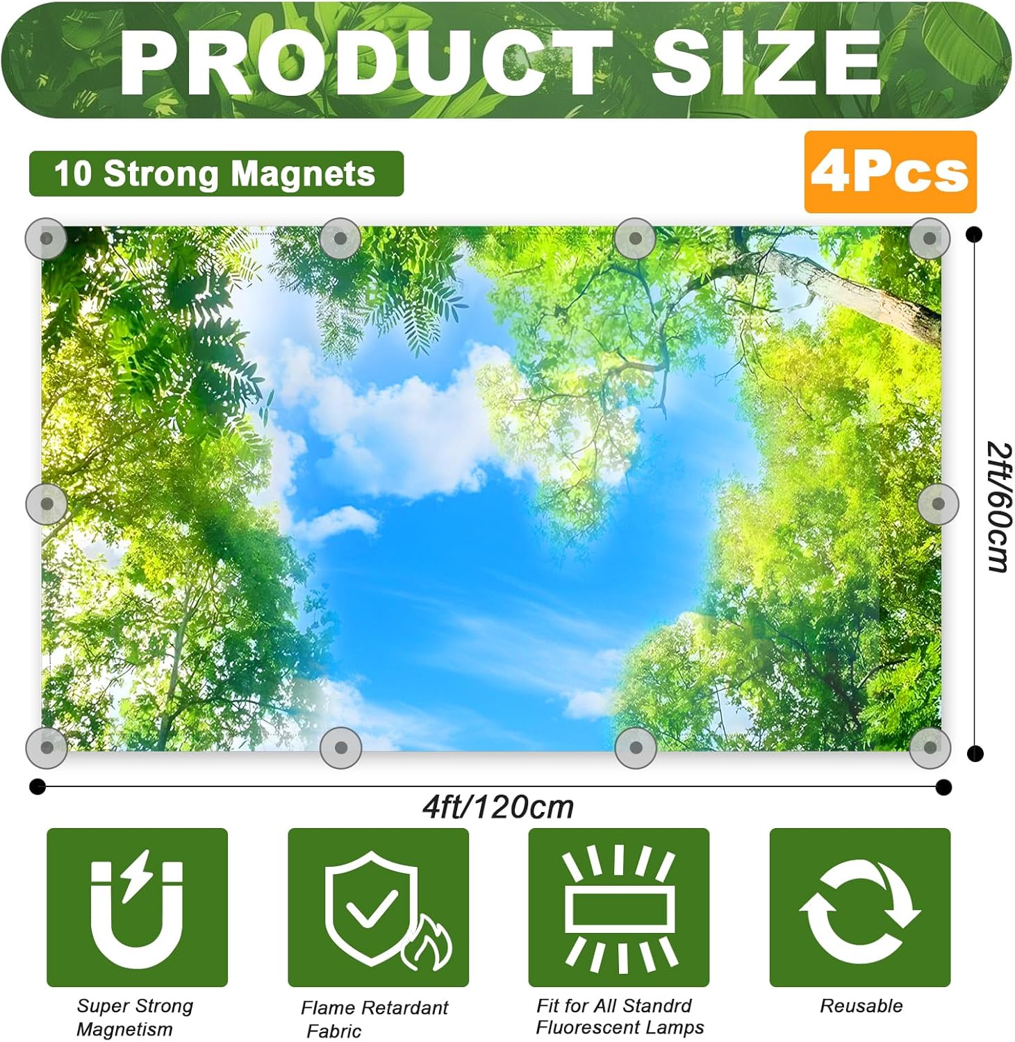 4 Pack Fluorescent Light Covers for Ceiling Lights Classroom, 4 x 2 FT Classroom Lights Cover Magnetic Ceiling Light Cover with 10 Magnets for Office Decor, Hospitals, Home (Tree Sky)