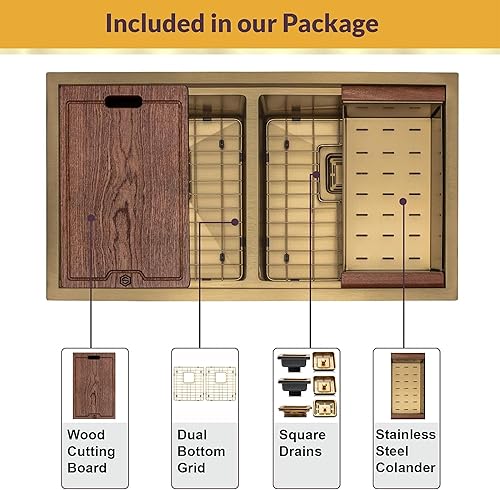 Miniatura 7 de Strictly Sinks - Fregadero de cocina con estación de trabajo de montaje inferior de 32 pulgadas, fregadero de cocina dorado de calibre 16 con