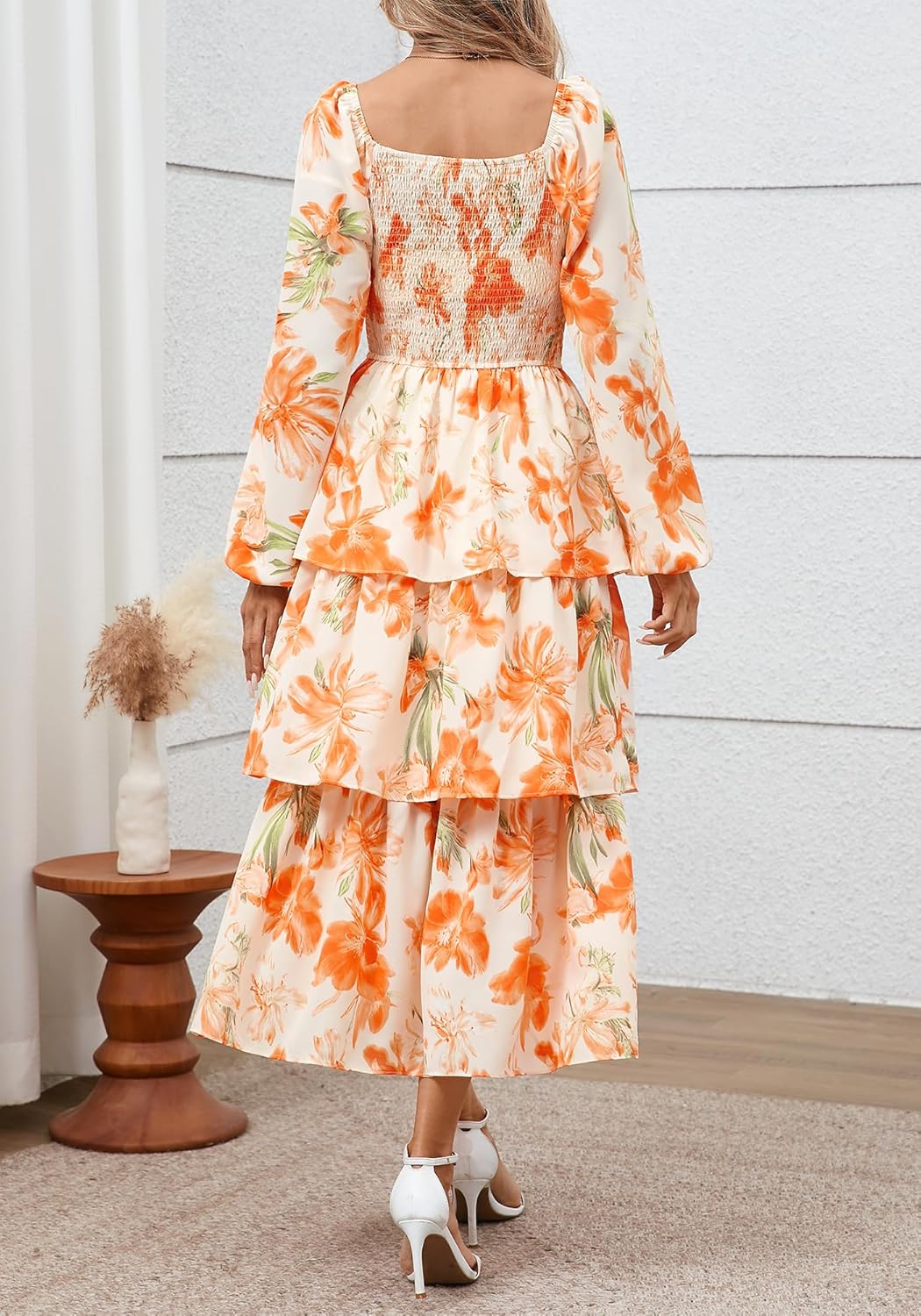 BTFBM Spring Dresses for Women 2026 Floral Long Sleeve Smocked Square Neck Ruffle Tiered Flowy Party Wedding Guest Dress - Image 3