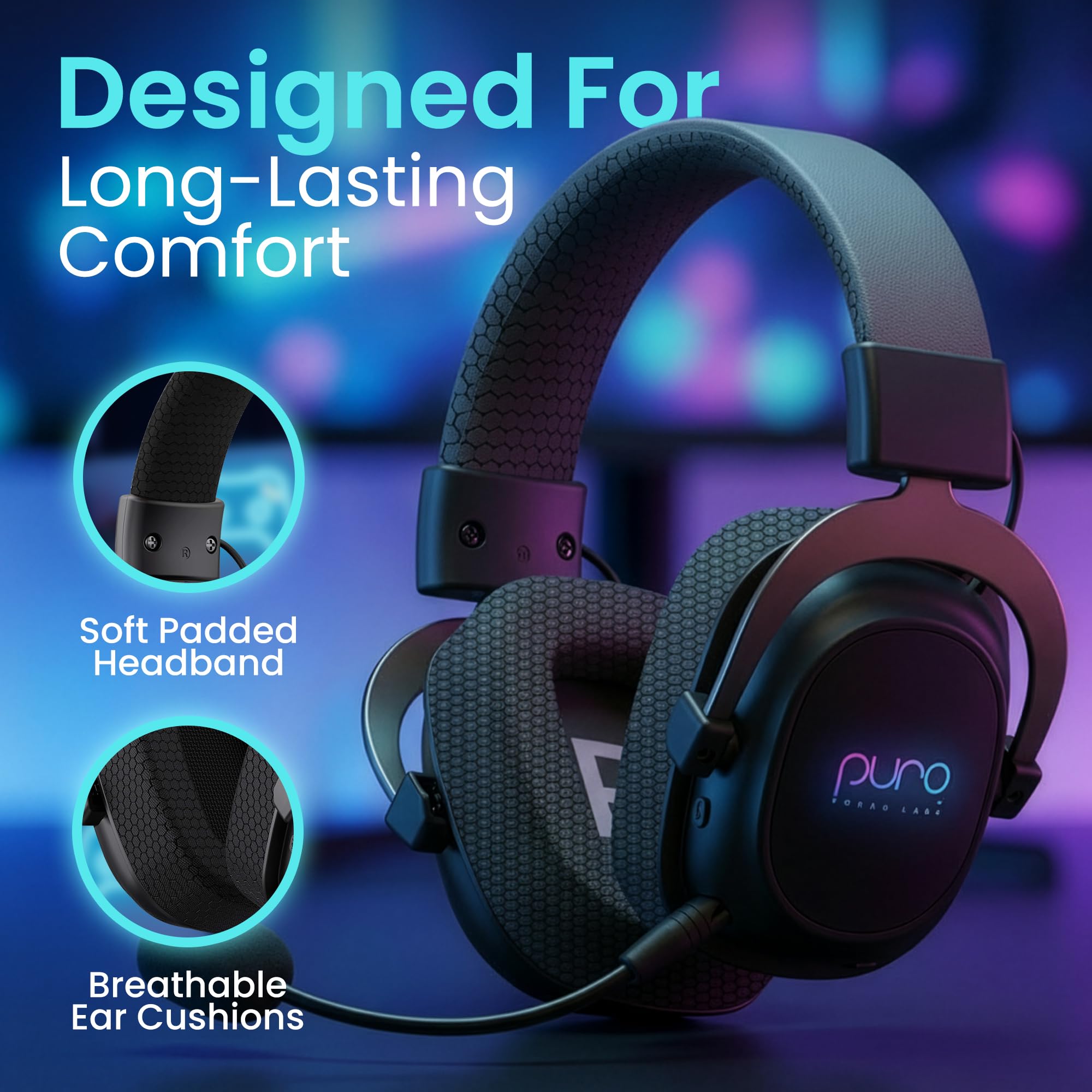 Puro Sound Labs PuroGamer-BT Casque de jeu sans fil, limitation du volume 85 dB, connectivité tri-mode, microphone amovible à 360 °, autonomie de la batterie de 32 heures, faible latence, design