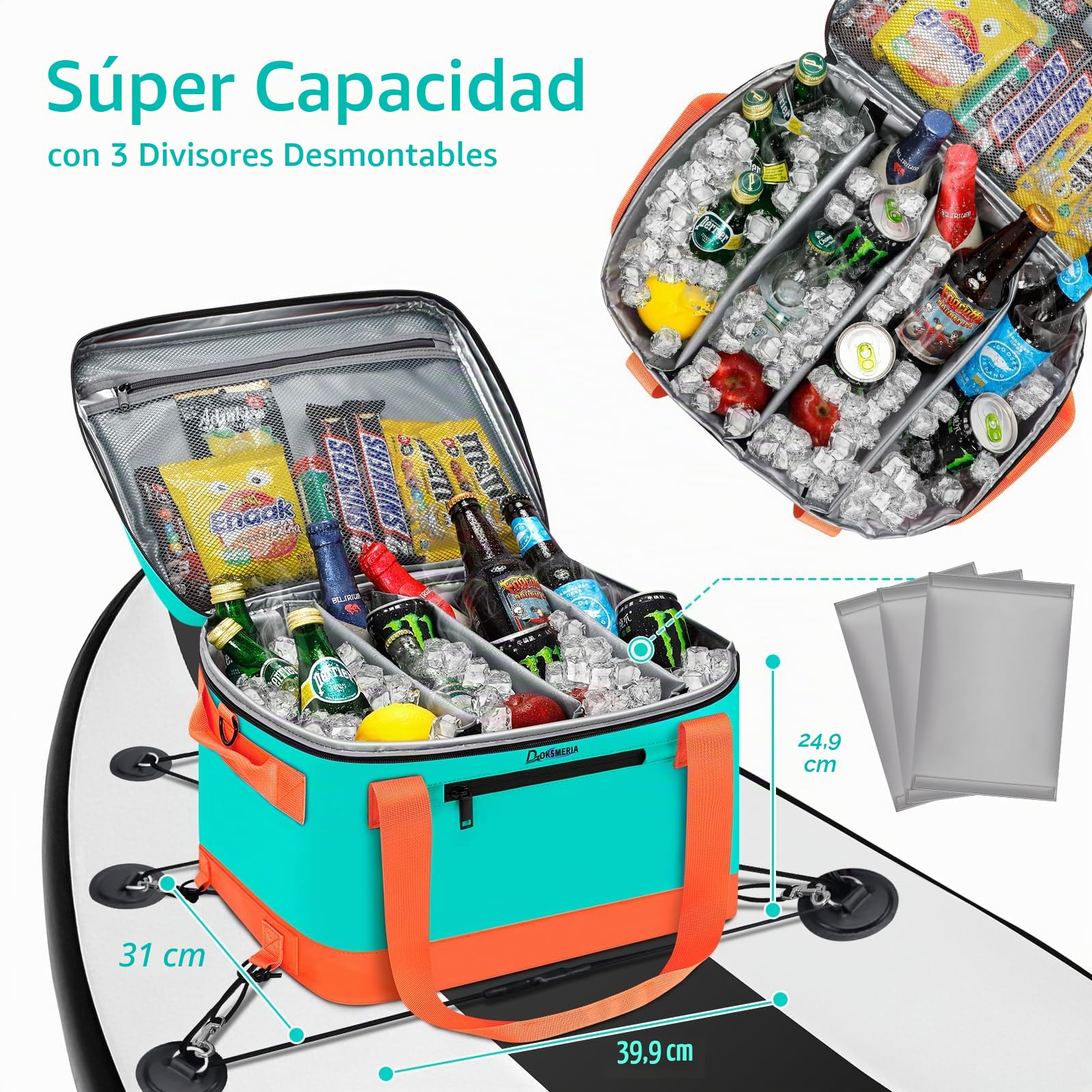 Tabla de paddle Board Cooler impermeable, supercapacidad, tabla de surf con correa para el hombro y 6 clips de cuerda elásticos, bolsa de accesorios para tabla de paddle board y kayak