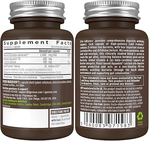 Miniatura 8 de Probióticos y prebióticos Igennus, Lactobacillus acidophilus y bifidobacterias, Live Cultures+ Lab4, garantizado 25 mil millones de UFC, para