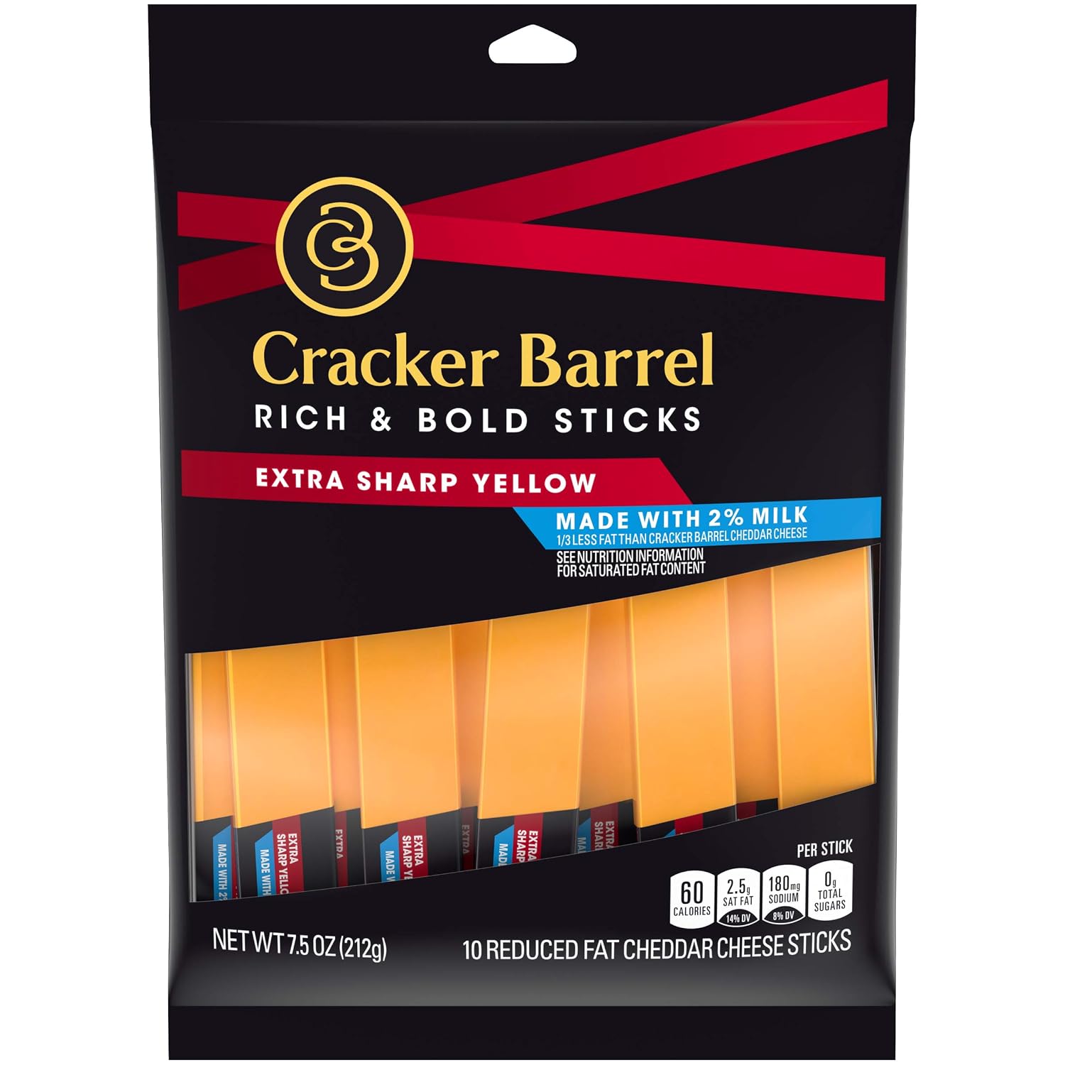 Cracker Barrel Extra Sharp Cheddar Cheese Sticks Made with 2% Milk (10 Sticks)