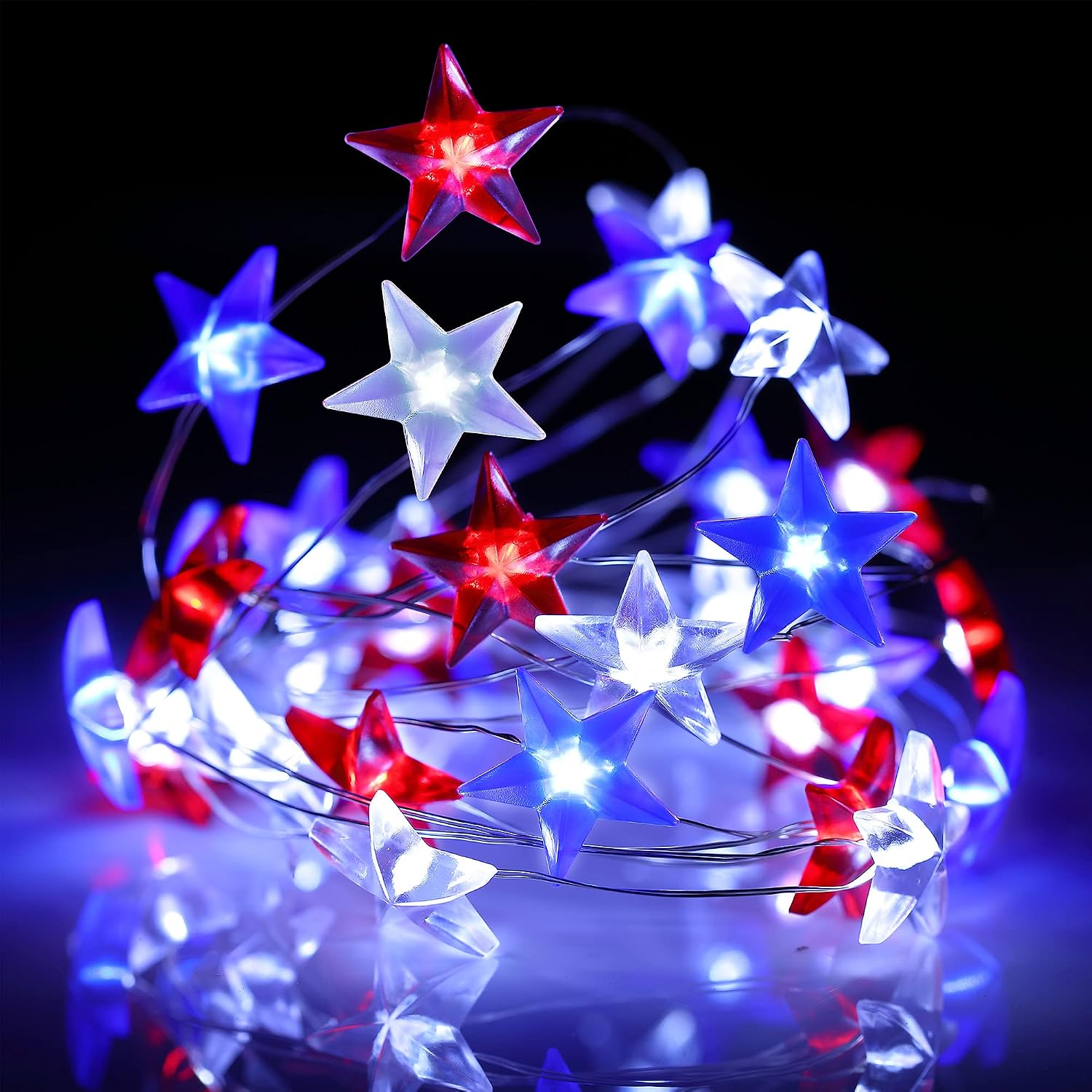Hiboom 4th of July Decoration, 10ft 30 LEDs Red White Blue Star Light, 8 Lighting Modes 4th of July String Light, Patriotic Light USB Battery Powered, American Star Light for Indoor Outdoor Decor