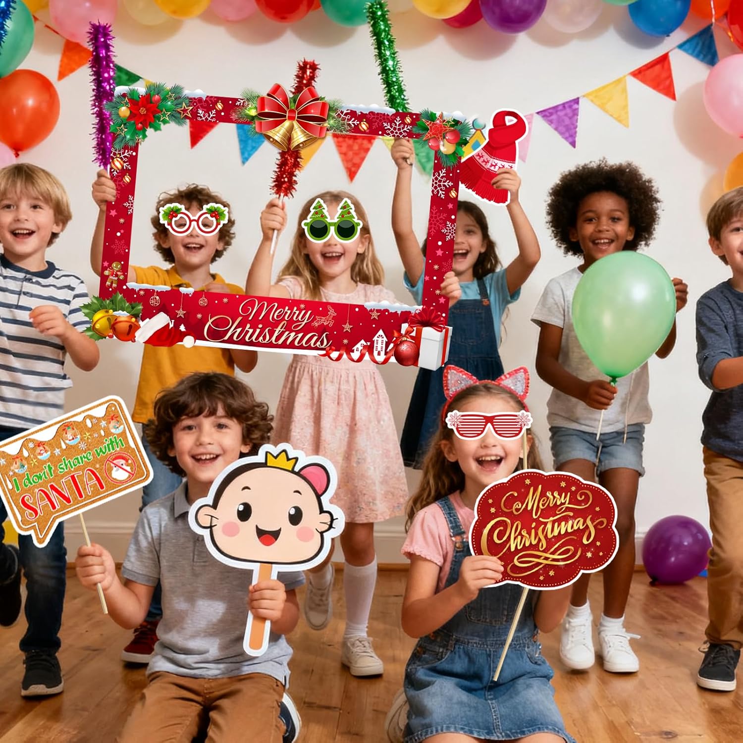Christmas Photo Booth Props Kit - Large Size Selfie Frame & 24 Pcs Christmas Picture Props for Photoshoot Gift Box, Xmas/Winter/Holiday New Year Party Favors Supplies Jokes Favors