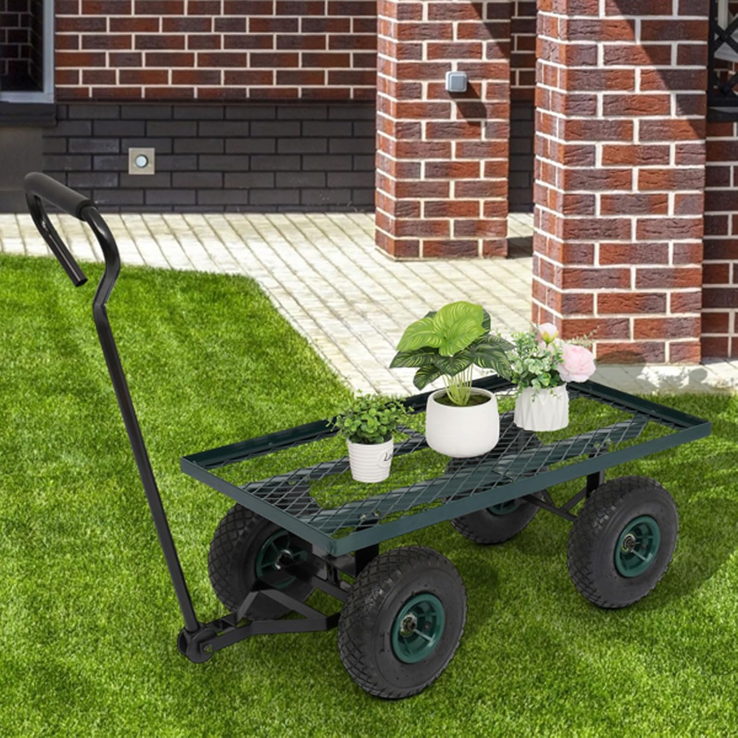 Portable Garden Iron Wood Four Wheel Square Garden Wagon,Outdoor Utility Wagon Heavy Duty Folding Garden Hand Cart,for Nurseries Lawn-A