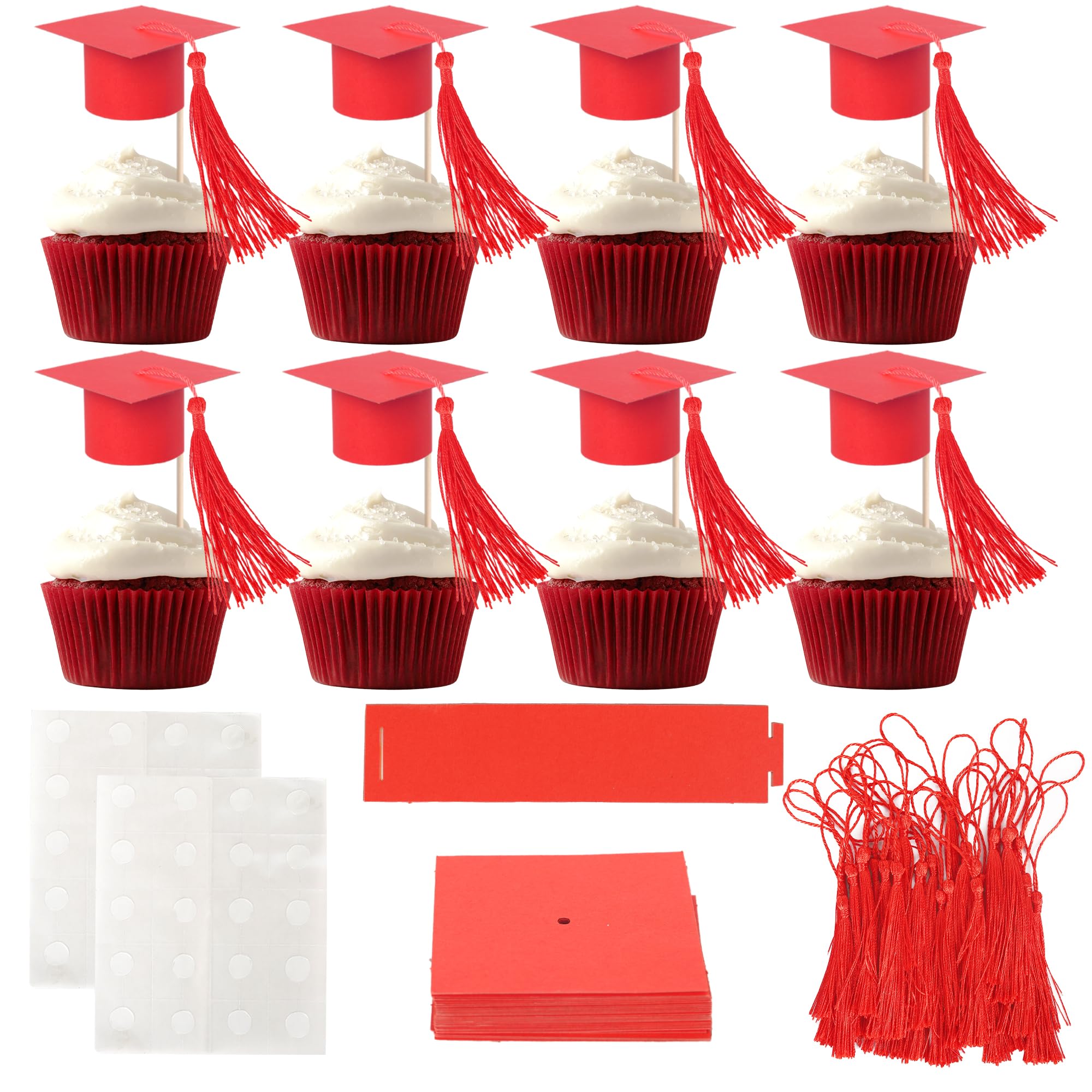 24 Pack 2026 Graduation Cap Cupcake Toppers with Tassel Class of 2026 Congrats Grad Cupcake Picks Mini Graduation Caps Chocolate Decorations for 2026 Graduation Party Cake Decorations Red — image 1