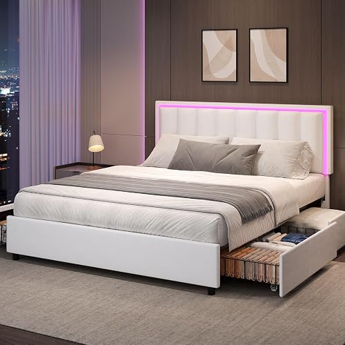 IMMERSTABLE Full Size Bed Frame with 4 Storage Drawers, Upholstered Bed Frame Full with LED Headboard, RGB LED Lights, Heavy Duty Wood Slat Support, No Box Spring Needed, Easy Assembly, White