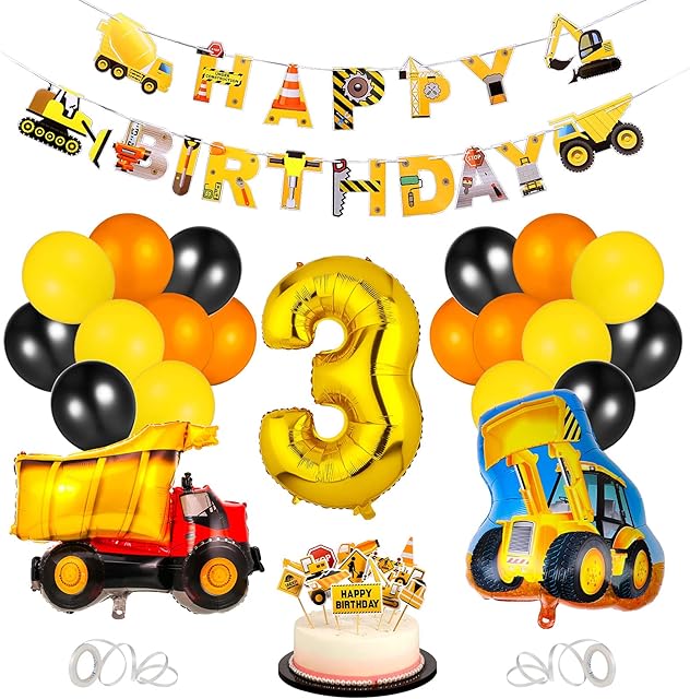 Xinzistar 25Pcs Construction Party Supplies, 3rd Birthday Decorations for Boy, Latex Digger Balloons and HAPPY BIRTHDAY Digger Banner Digger Cake Toppers for Kids 3rd Birthday Dump Truck Decorations