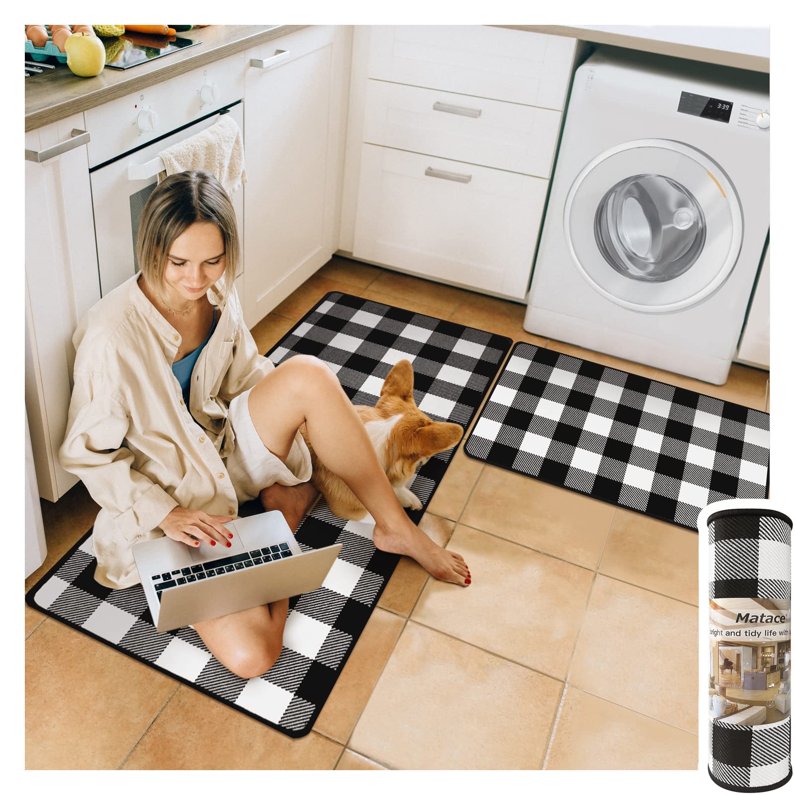 Matace Black & White Buffalo Plaid [2 PCS] Kitchen Rugs Set - Runner & Mat, Quick Absorbent, Machine Washable, Perfect for Stove, Sink, Laundry Room, Workshop