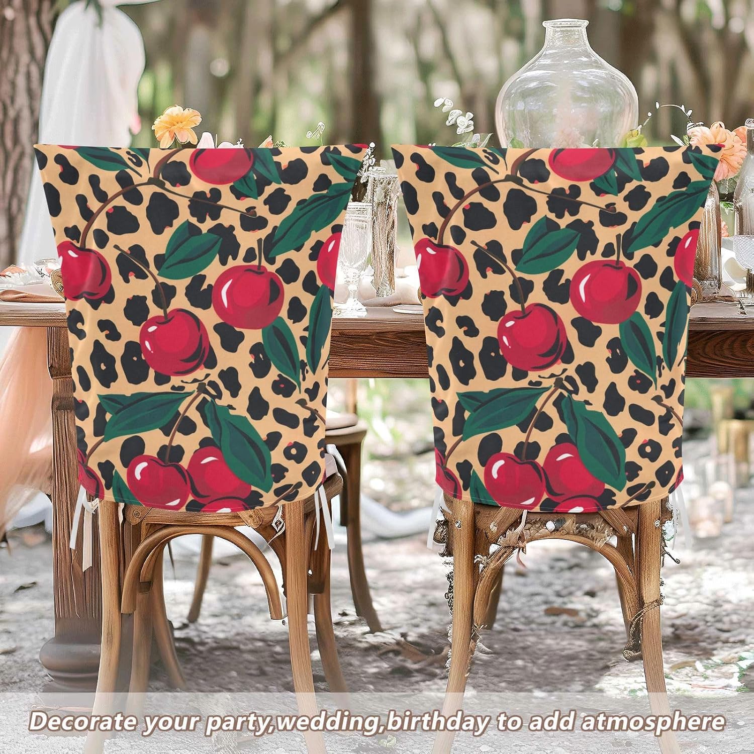 ALAZA Vintage Cherry Leopard Spots Chair Back Cover Set of 6, Washable Reusable Removable Chair Slipcovers Decorative Chair Cover for Home Kitchen Wedding Party